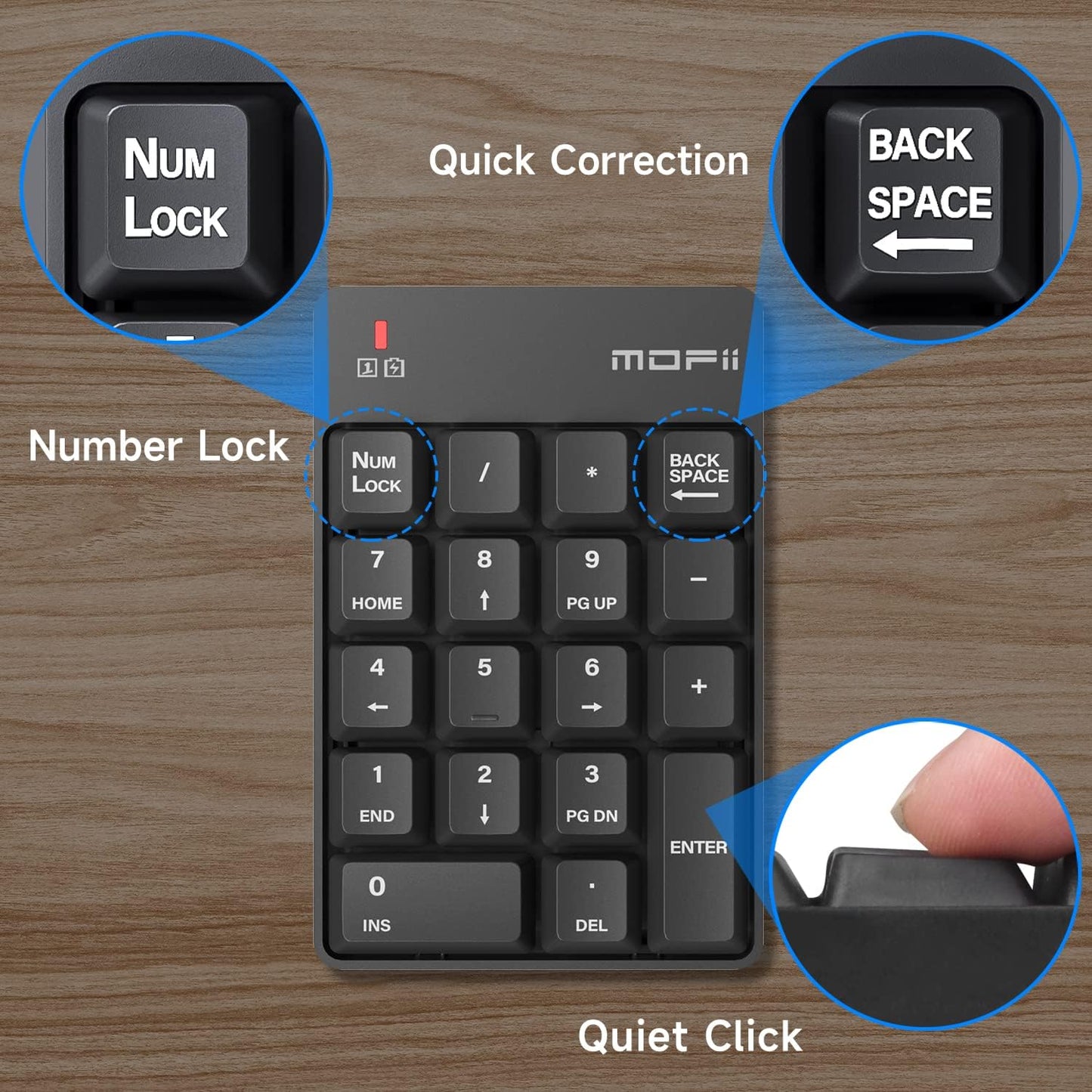 MOFII 2.4G 19 Accounting 10 Number Pad - Black Wireless Numeric Keypad Silent Keys USB Keypads, Portable Financial