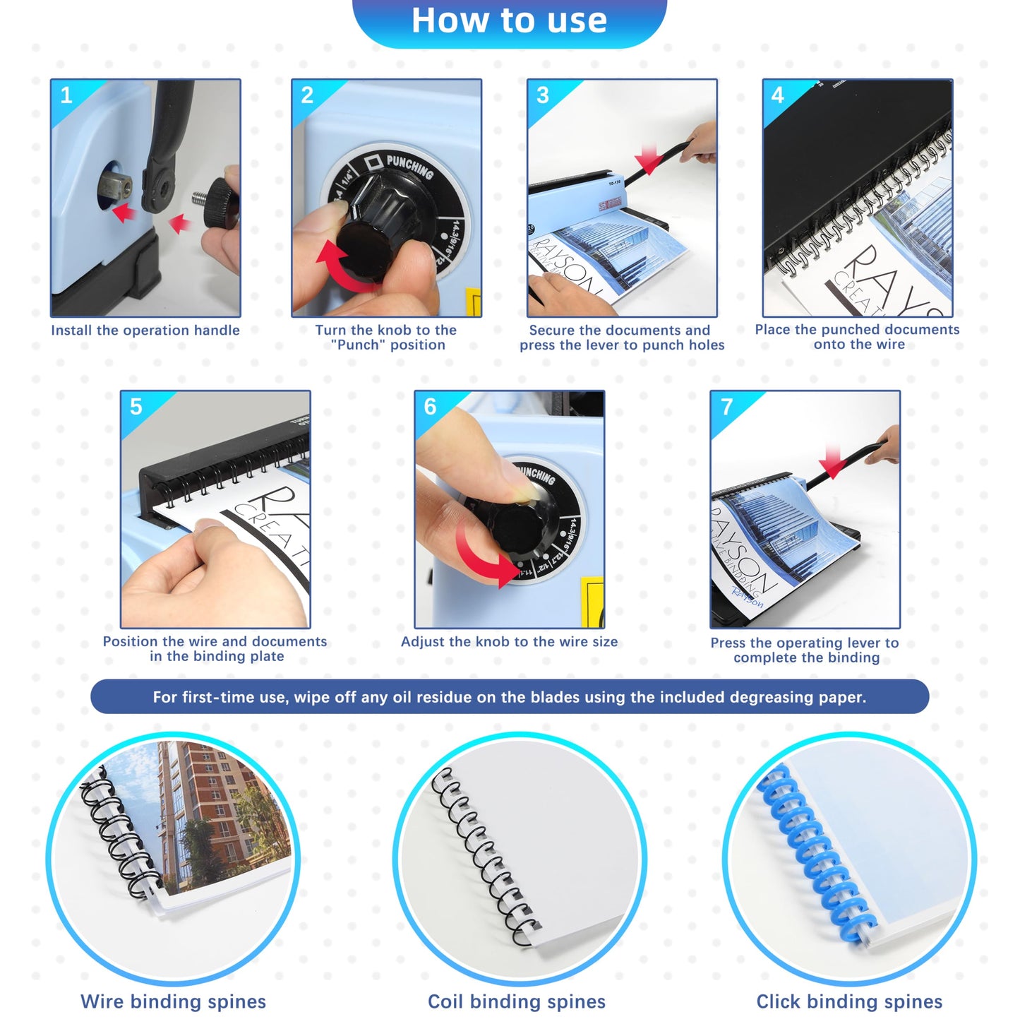 Rayson TD-132 Wire Binding Machine, 32-Hole Spiral Coil Binder, 3:1 Pitch, Punches 12 Sheets, Binds up to 120 Sheets, Sturdy Metal Construction