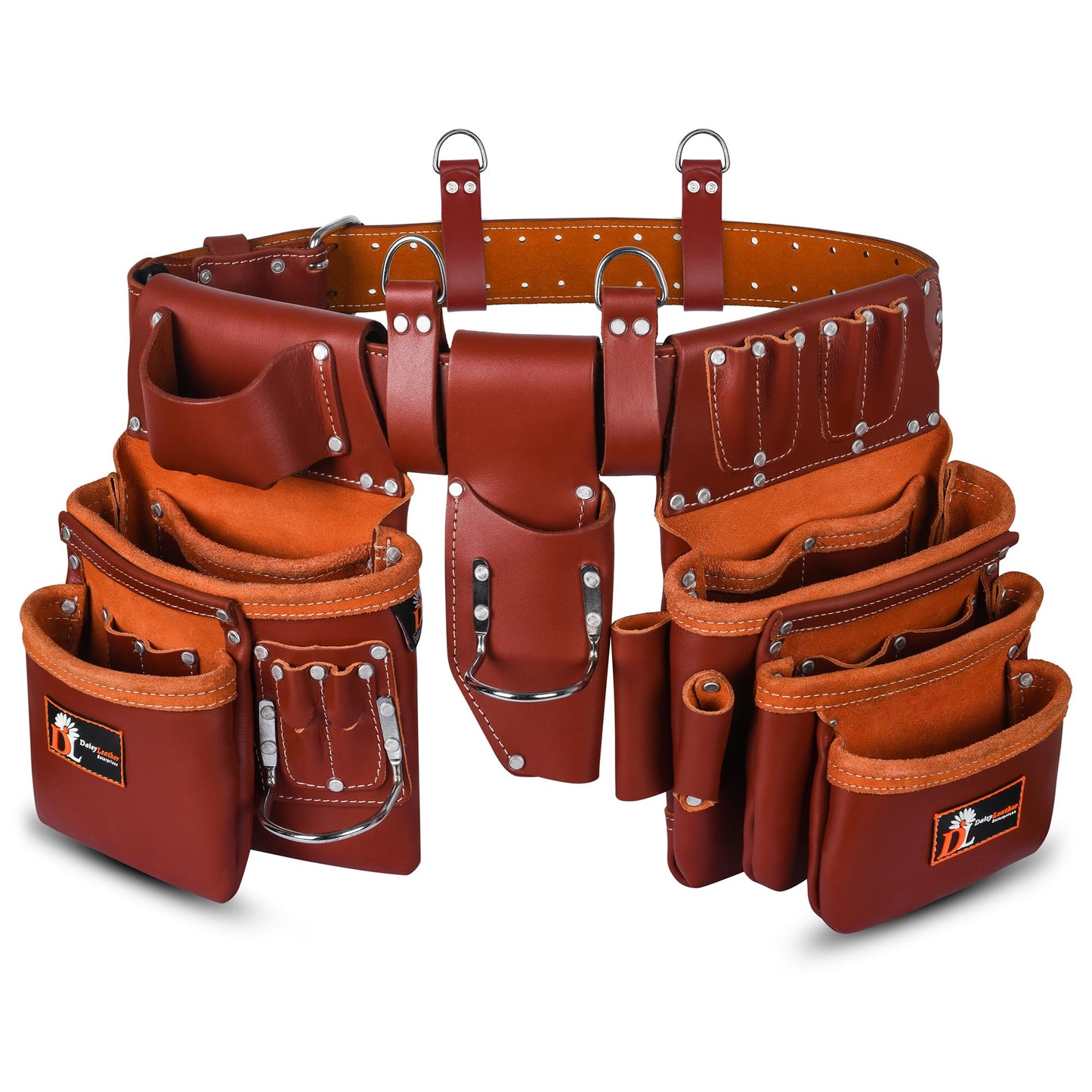 Daisy Leather PRO DL-101 Oil tanned Premium 25 pockets Heavy duty Tool Belt, Carpenter belt Pouch for Construction, Carpenter, Craftsman and Electricians workers, Black, X-Large (Cherry Leather)