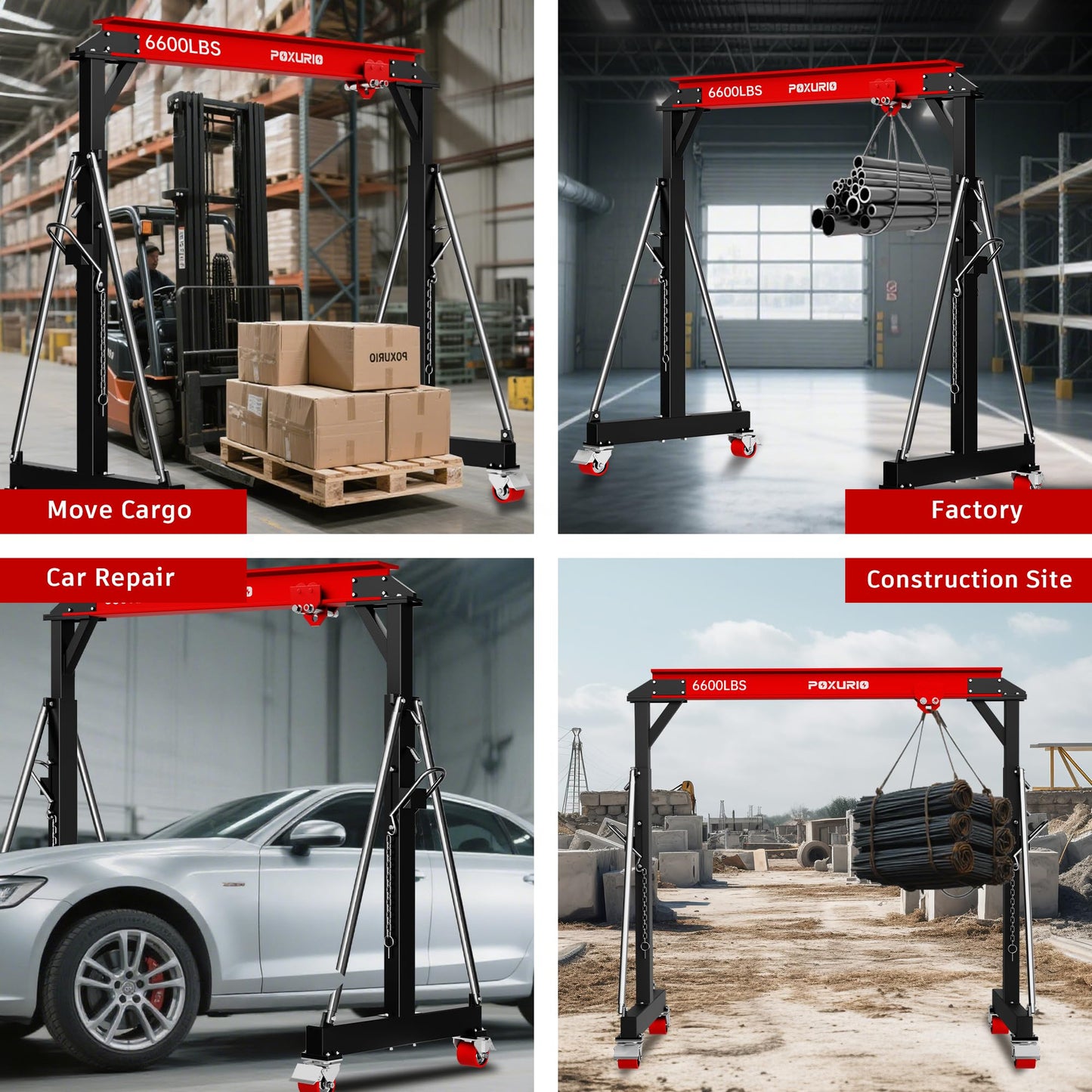 3 Ton 6600LBS Gantry Crane, 2026 Upgraded Trolley, Adjustable Height (8.53-12.47 FT), Width (9.06 FT), Steel I-Beam Construction, Portable Gantry Crane for Factories, Warehouses, Auto Repair, Red