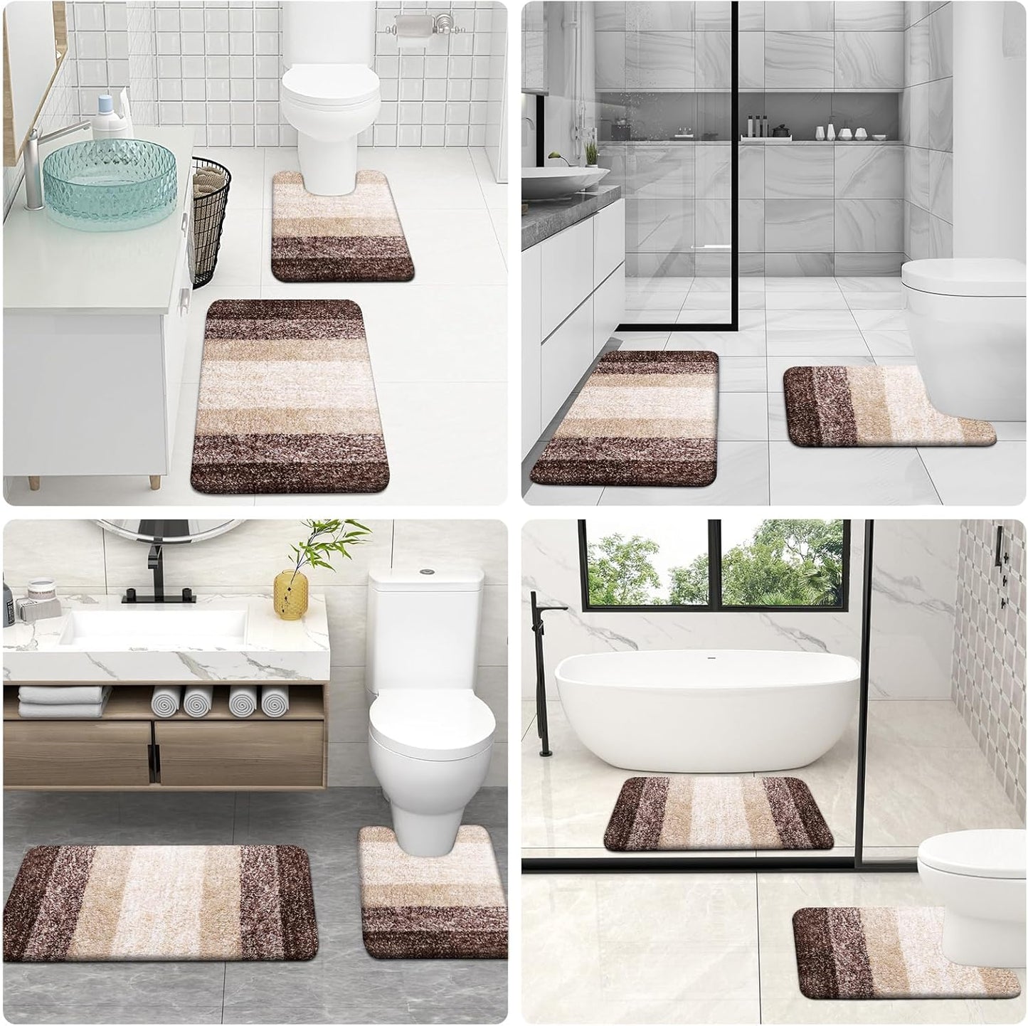 OLANLY Bathroom Rug Set - Soft Absorbent Microfiber Mats & U-Shaped Contour Rug | 3-Piece Brown Set (30"x20", 24"x16", 24"x20")
