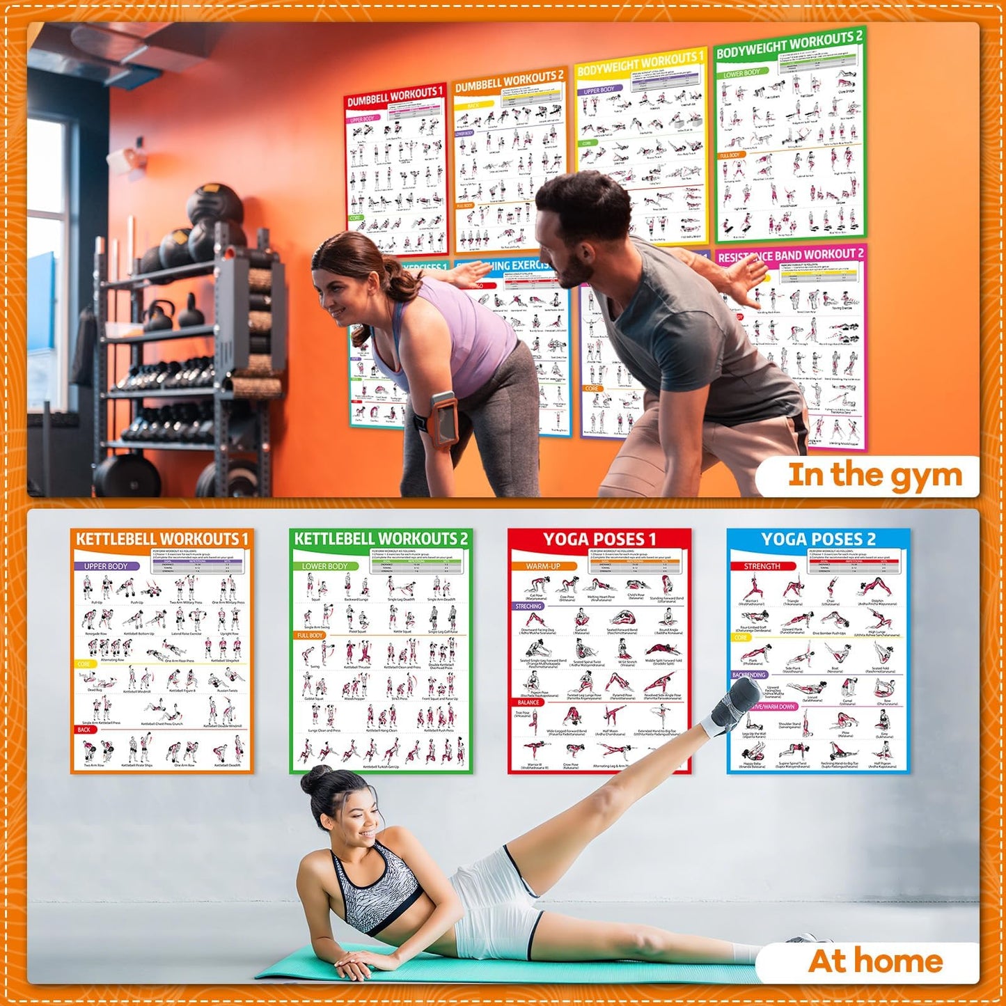 gisgfim 12PCS Workout Posters for Home Gym Dumbbells, Bodyweight, Stretching, Resistance Bands, Yoga, Kettlebells Exercise Chart Full Body Workout Poster Set Muscle Engagement Chart Garage Gym Decor
