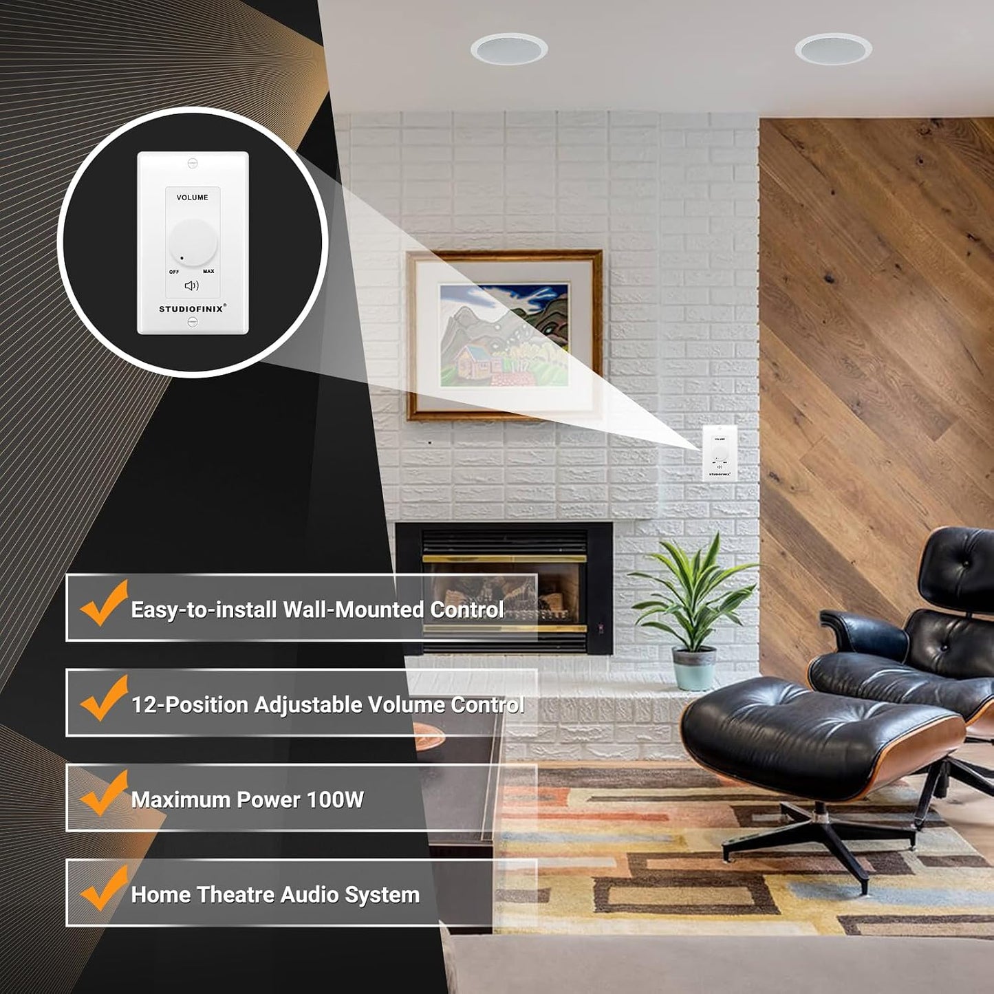 100W STUDIOFINIX in Wall Volume Control Knob Matching Impedance - Home Audio Smart Speaker Stereo Controller Switch