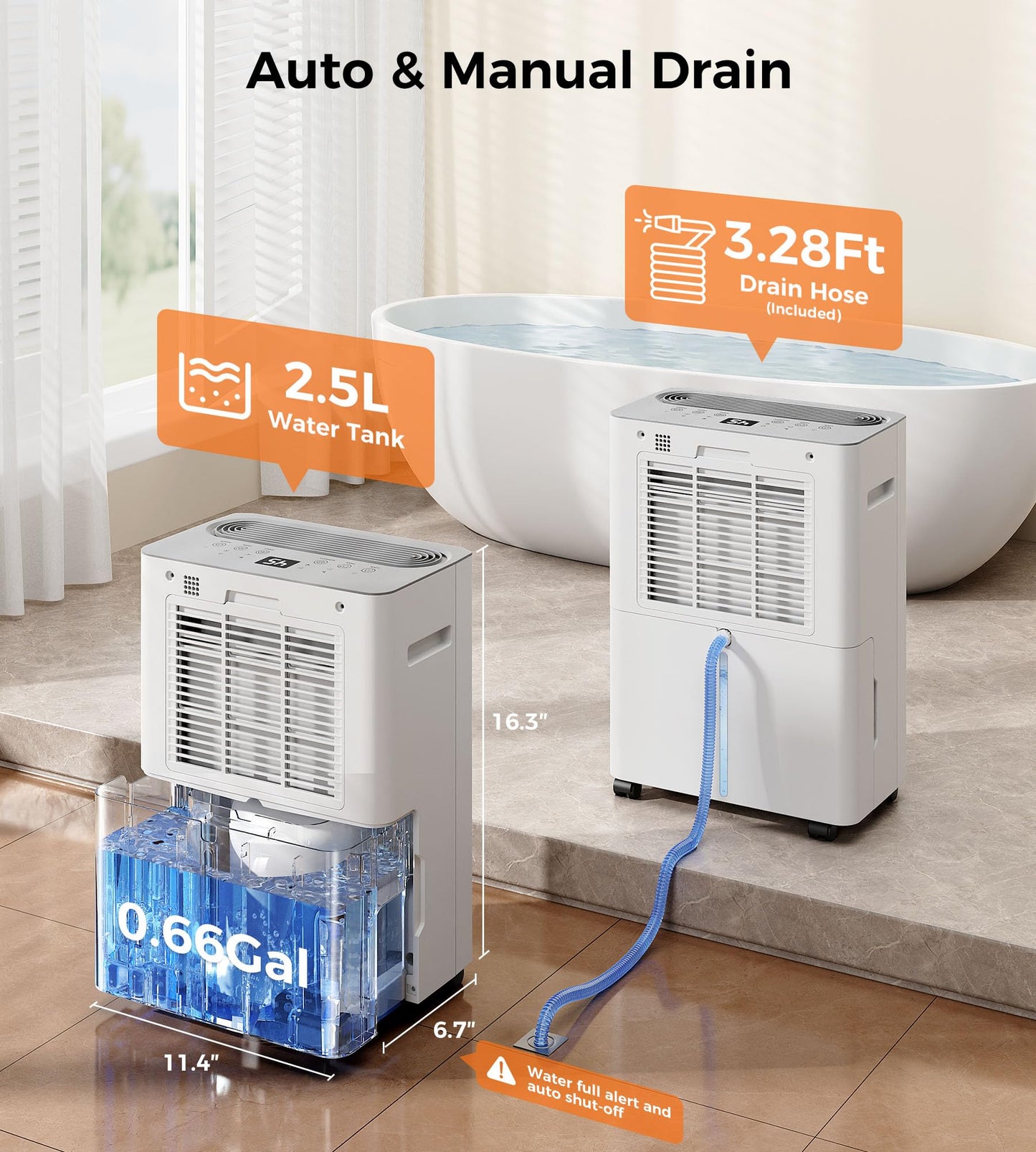 2500 Sq.Ft Dehumidifier for Basement with Drain Hose, SEMKAP 32 Pints Dehumidifiers for Home, Large Room, Bathroom, Bedroom, Low Noise With Smart Compressor, Intelligent Humidity Control, 24HR Timer