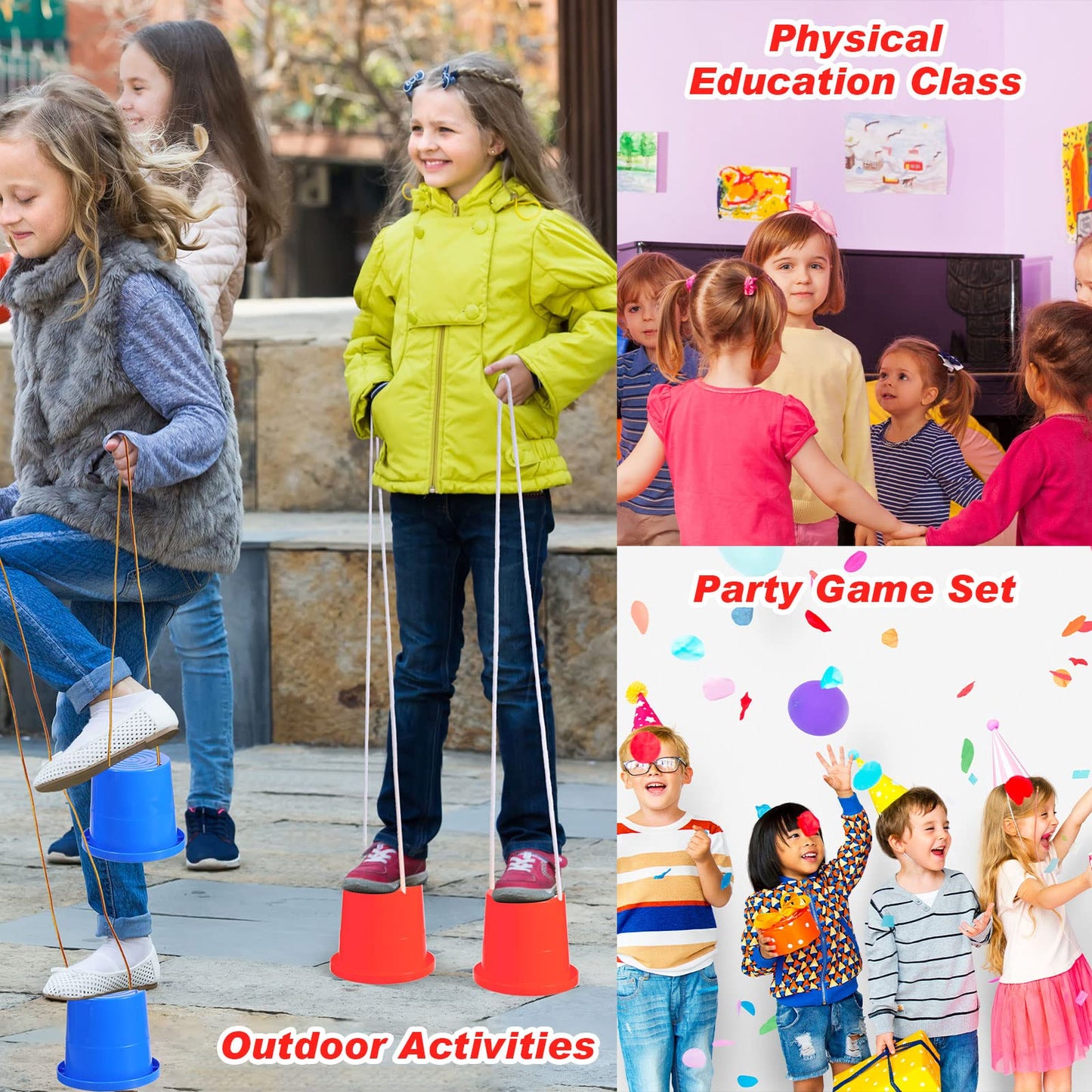 Meooeck 2 Pairs Walking Stilts Balancing Bucket Cup Thickened Plastic Stilts with Adjustable Rope for Kid Balance Coordination Birthday Playground Game Party Favor(Red, Blue)