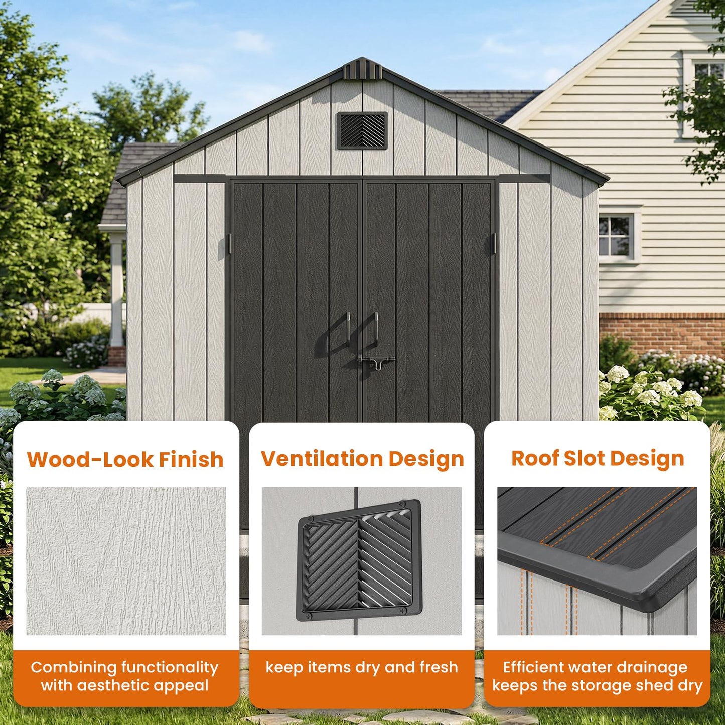 Jocoevol Outdoor Storage Shed, 8x8FT Resin Shed with Floor/Windows/Lockable Door/Vents, 15mm Thickened Heavy Duty All-Weather Garden Tool Shed for Backyard, Patio, Lawn, Gray