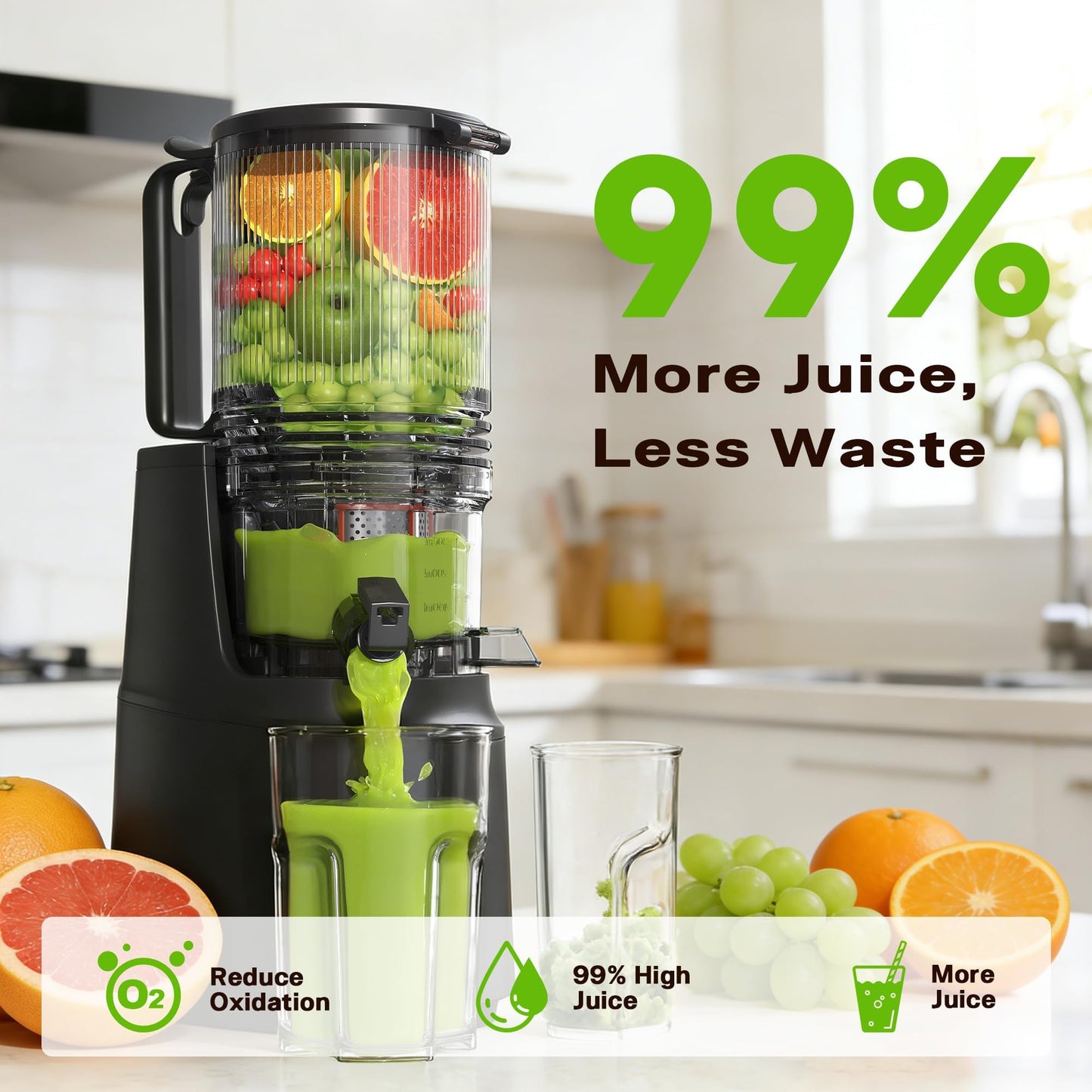 Cold Press Juicer Machine with 5.3" Wide Feed Chute, Slow Masticating Juicer for Whole Fruits & Vegetables, High Juice Yield, Black