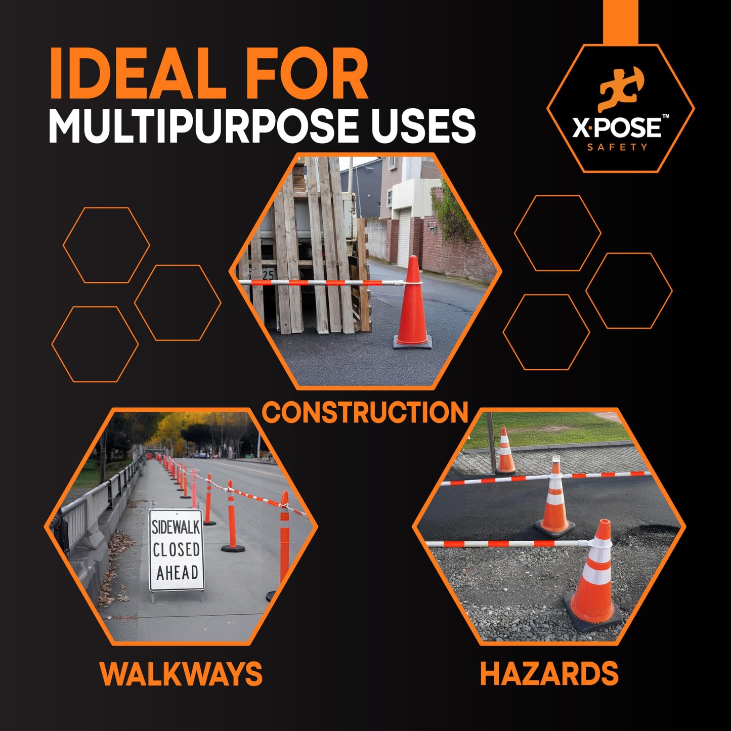Xpose Safety Reflective Retractable Barrier for Traffic Cones – 6 Pack, Orange/White, Expandable 72″–120″ for Construction, Parking & Crowd Control