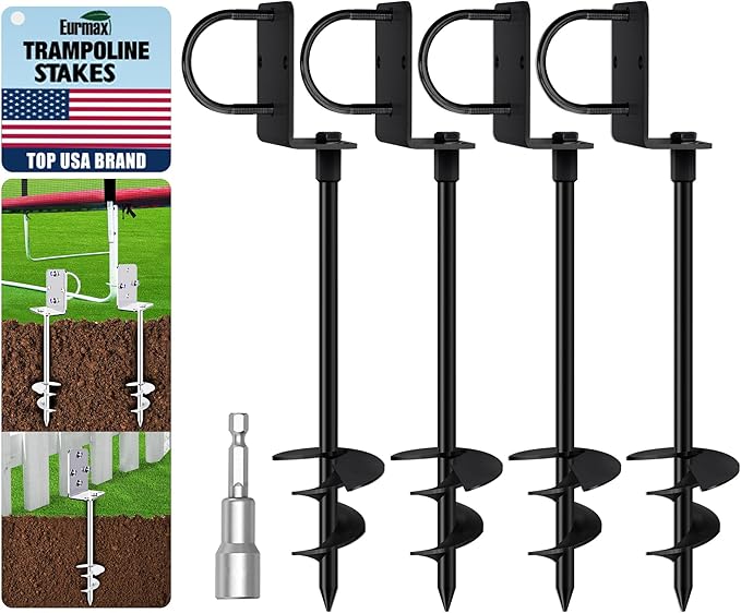 Eurmax USA Ground Anchors Heavy Duty Adjustable L-Shaped Head Shed Tent Stakes Trampoline Anchors, Trampoline Stakes for Sheds,Swing Sets,Mobile Home,Carports Set of 4(Black)