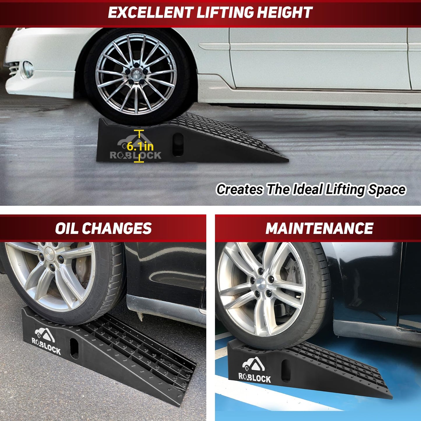 ROBLOCK Heavy Duty Low Profile Car Ramps for Oil Changes, Portable Car Ramps for Low Cars High Lift and Jack Support, Vehicle Ramps for Garage, 35.63''x12''x8.07'', G.V.W 13000 LBS, 2 PCS