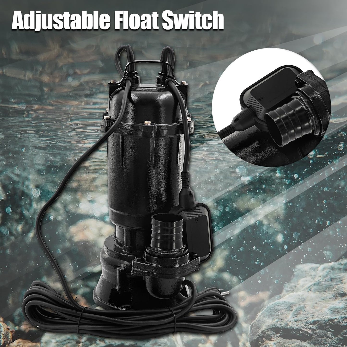 Dewinston 2HP 220V Submersible Sump Pump, 6498GPH Cast Iron Sewage/Effluent Pump 1500w with Automatic Float Switch and 66ft Hose for Sump Basin, Basement, Residential Sewage, 2'' NPT Discharge