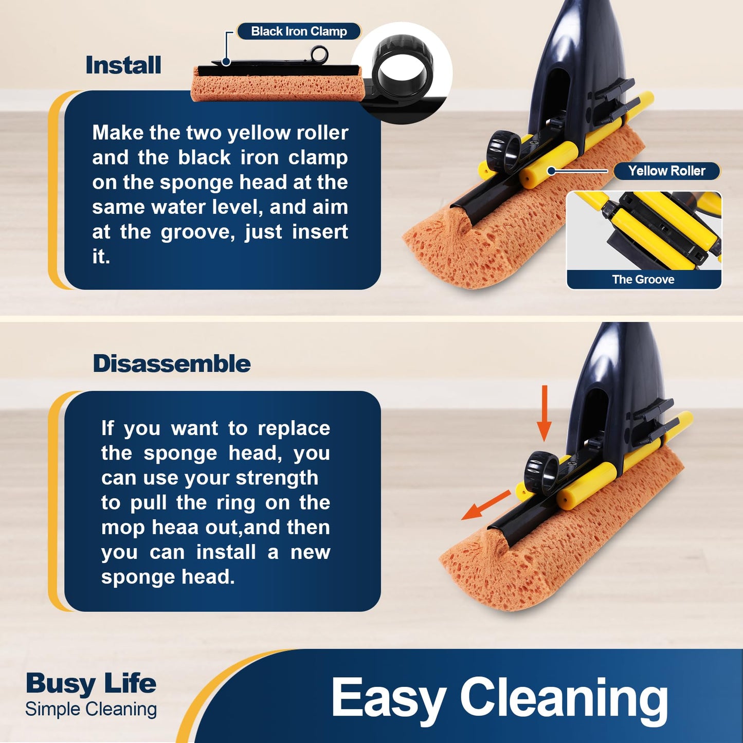 Yocada Sponge Mop Home Commercial Use Tile Floor Bathroom Garage Cleaning Total 3 Sponge Heads Squeegee and Extendable Telescopic Long Handle 42.5 to 52 Inches Easily Dry Wringing Only 3 Heads