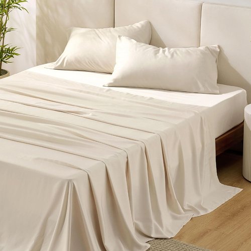 Bedsure Queen Sheet Set - Cooling Bamboo Rayon Sheets | Breathable & Soft, Deep Pocket Up to 16", Light Beige