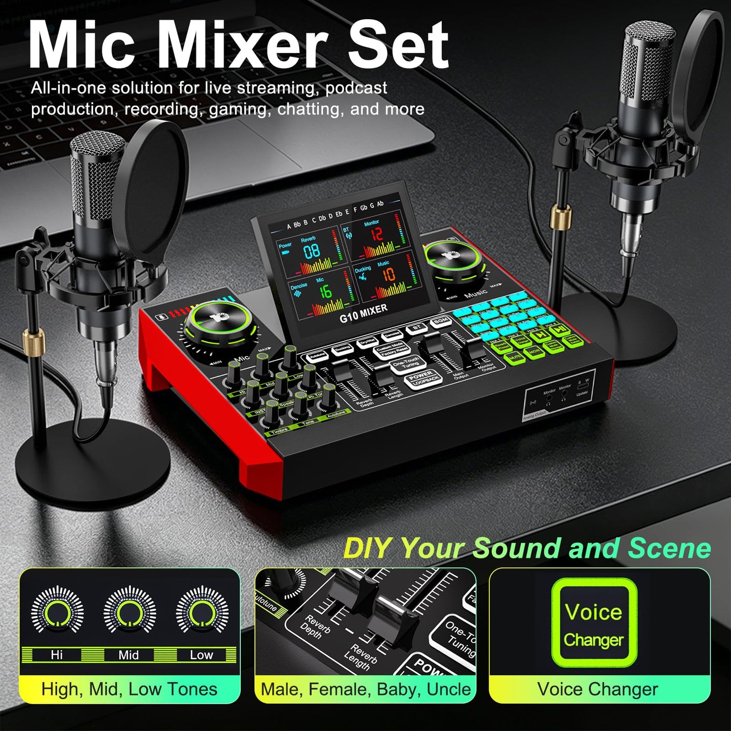tenlamp G10 Dual Microphone Podcast Equipment Bundle with Live Sound Board Audio Mixer - Two Condenser Mics, Voice Changer, Noise Reduction, for PC/Phone Streaming, Gaming, Singing, Podcast