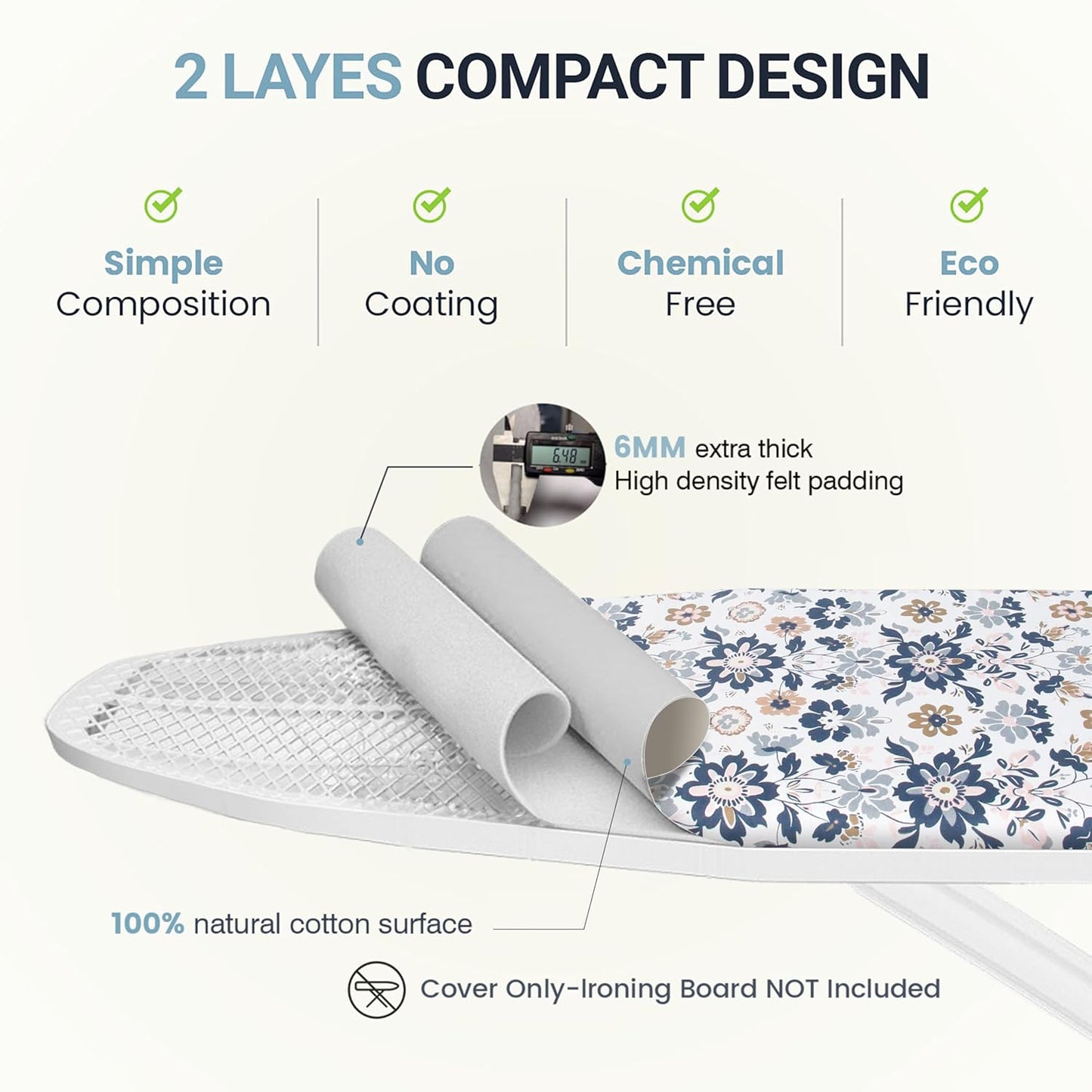 UniSimp Ironing Board Cover - Extra Thick Natural Cotton, Scorch & Stain Resistant | 18"x54" Floral Design