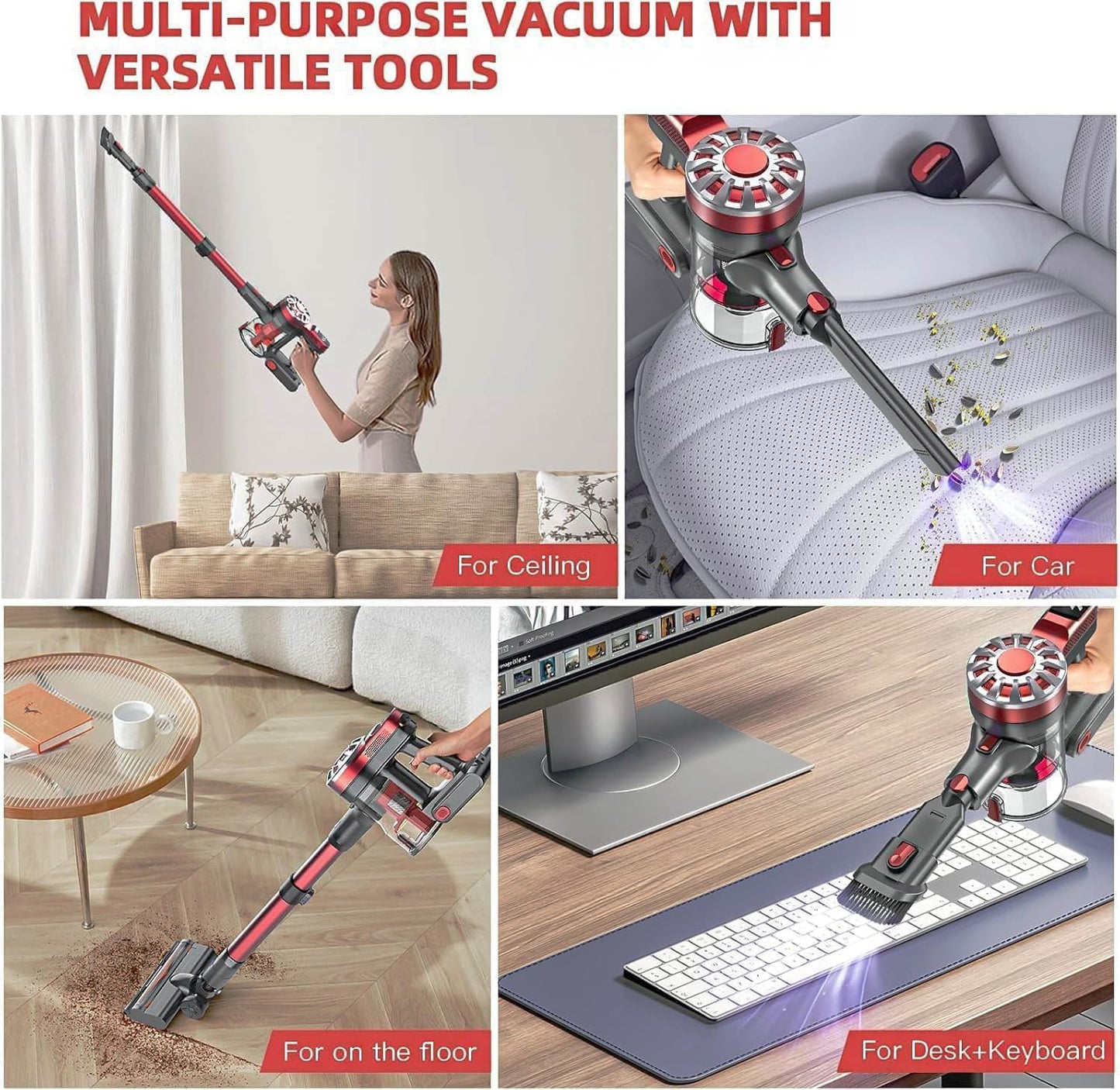 WLOTPO Cordless Vacuum Cleaner - Lightweight & Powerful Suction | 35-Minute Runtime for Pet Hair & Hard Floors (Red Grey)