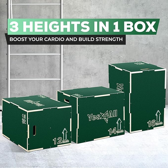 Yes4All 3 in 1 Non-Slip Wooden Plyo Box, Step Up Box for Workout, Plyometric Jump Box for Skipping, Jumping, Lunges, Squats, Dips