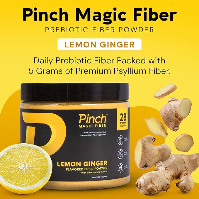 Pinch Magic Sugar Free Fiber Powder ??Light Lemon Ginger Psyllium Husk with Bromelain & Vitamins C & D ??Vegan, Gluten-Free, Clean Label, USA-Made, GMP-Certified ??28-Day Supply