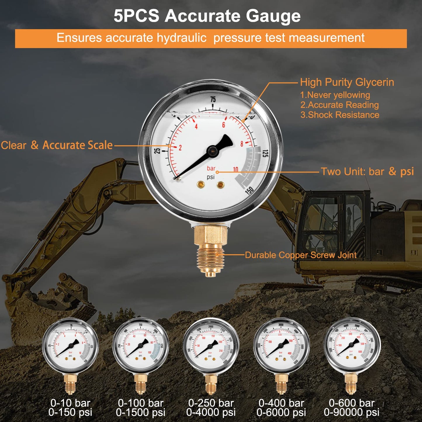 yourour Hydraulic Pressure Test Kit, 150/1500/3500/6000/9000 PSI, 5 Gauges, 13 Test Couplings, 14 Tee Connectors, 5 Test Hoses, with Sturdy Carrying Case for Construction Machinery Excavator