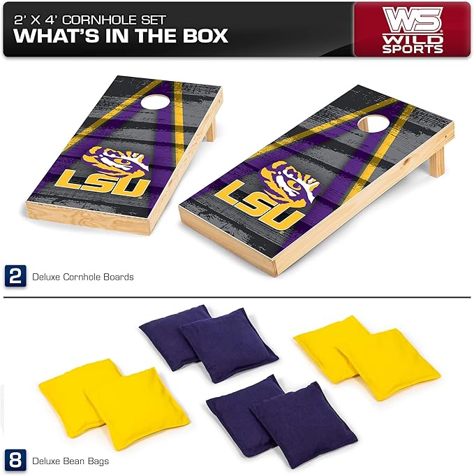 Wild Sports NCAA College 2' x 4' Wood Direct Print Tournament Cornhole Set, 8 Bean Bags, Vintage Triange Design - Tailgate, Outdoor, Backyard