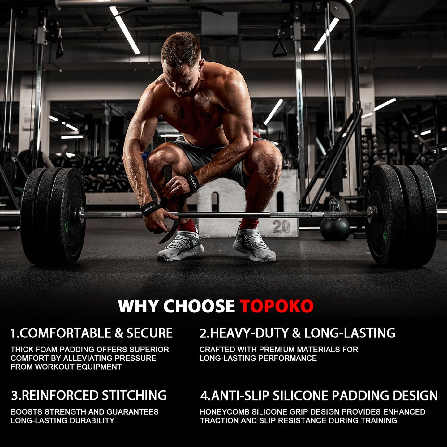 TOPOKO Lifting Wrist Straps for Weightlifting, Deadlifts, Powerlifting & Strength Training – 21.2” Cotton Workout Straps with Neoprene Padding & Non-Slip Hex Grip – Gym Straps for Men & Women