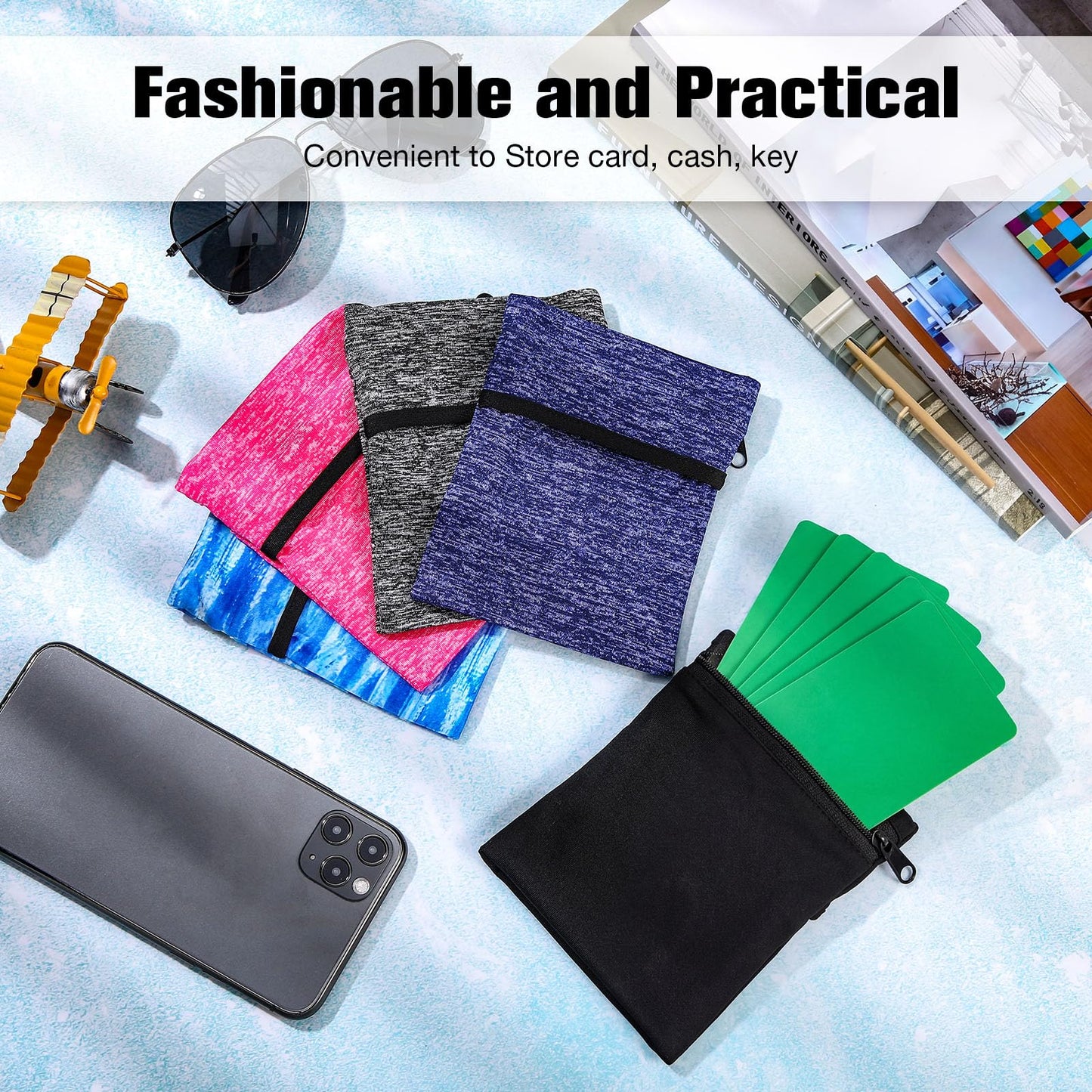 Honoson 5 Pcs Wrist Wallet for Women Men, Zipper Wrist Pouch Running Wallet Wristband Sweatband, 2 Pockets, Spandex, Large, Dark Colors for Running, Walking, Hiking, Jogging, Travel