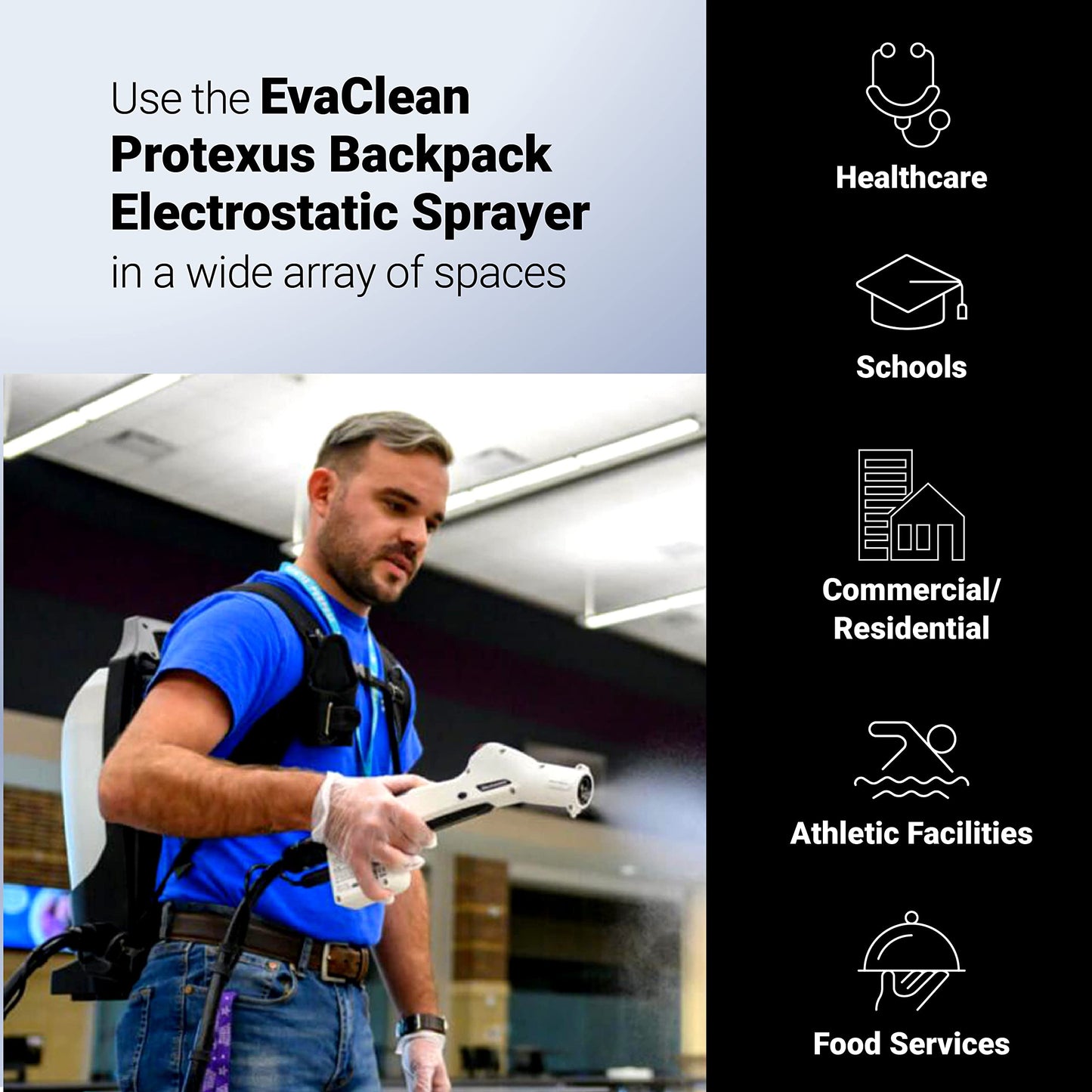 EvaClean Protexus Cordless Battery Powered Electrostatic Backpack Sprayer, 16.8V Rechargeable, 2.25-Gallon, 60-Micron Nozzle, 4Ft Hose - Commercial Disinfectant and Sanitizer - 23,000 Sq Ft Coverage