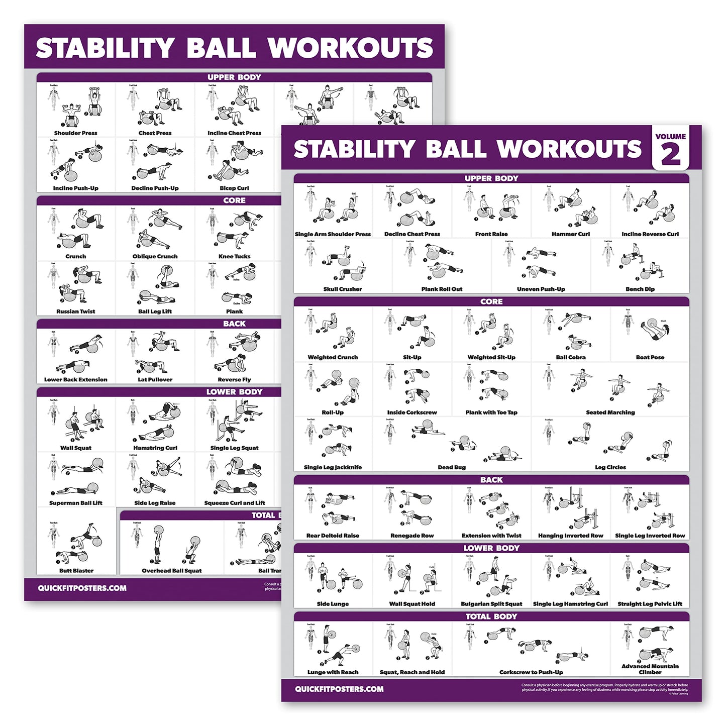 Palace Learning 2 Pack - Yoga Ball Workout Exercises Volume 1 & Volume 2 - Stability Ball Routine - Fitness Charts (18" x 24", Laminated)
