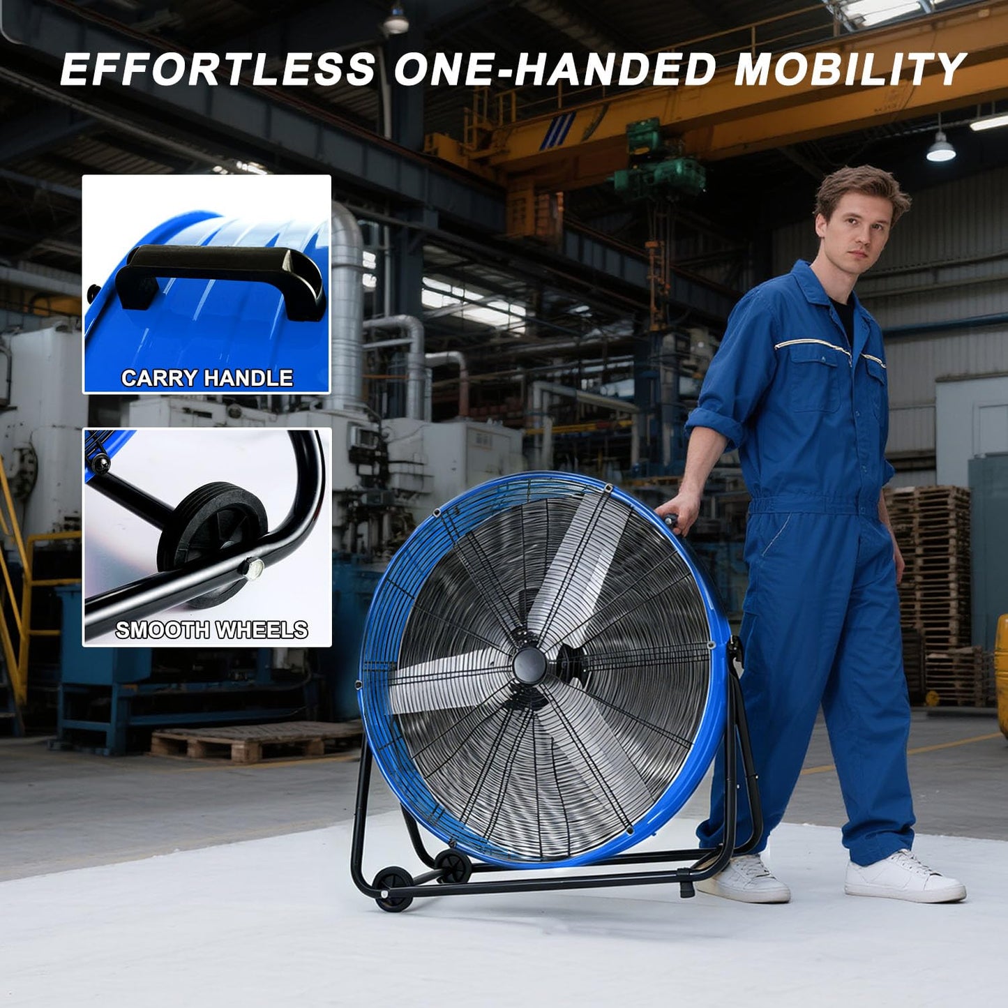 WARMLREC 24" Industrial Floor Fan, 8900 CFM High Velocity Drum Fan with 3 Speeds, Portable Heavy Duty Industrial Fan for Warehouse, Workshop, Factory, Commercial, Residential and Greenhouse Blue