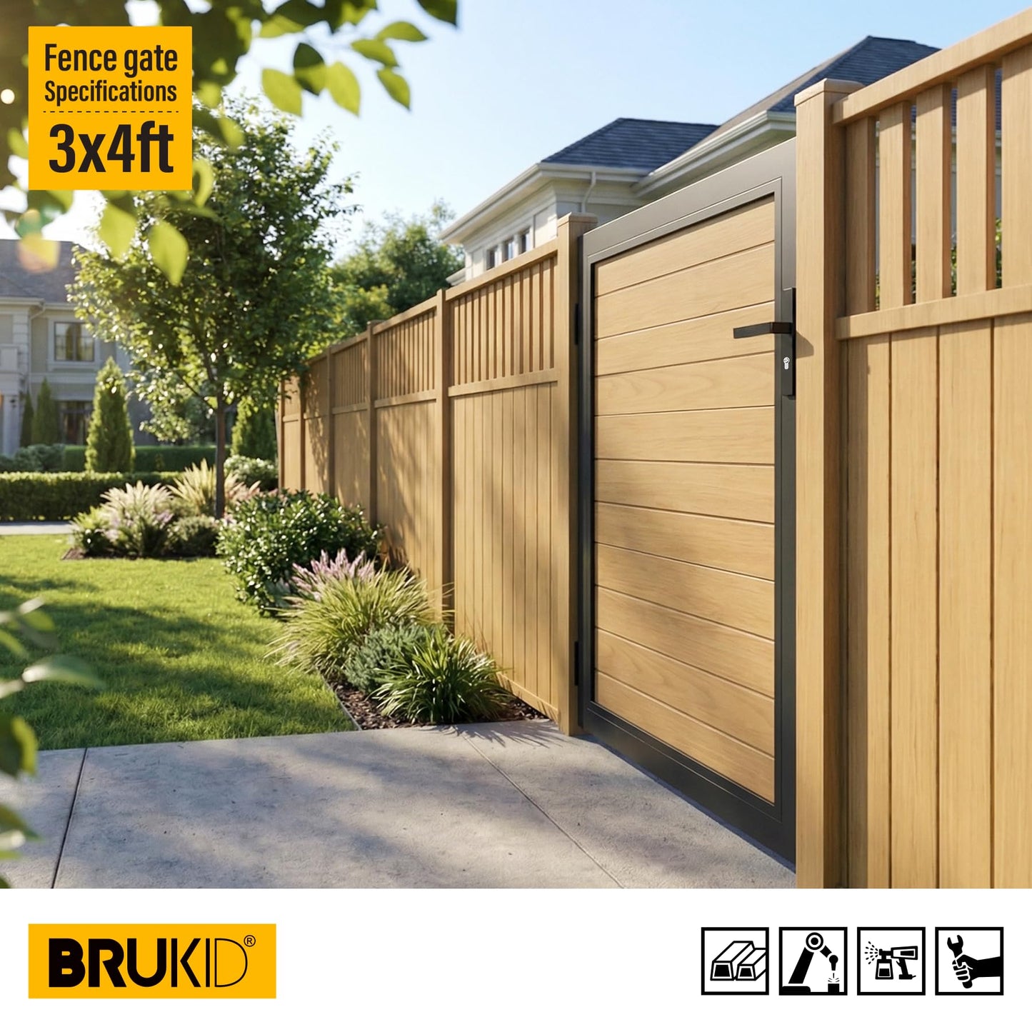 Brukid 3x4 FT Aluminum Fence Gate Kit Wood Grain Aluminum Gate with Decorative Cutout, Lock & Hinges, Left/Right Opening, Weather Resistant for Yard Garden Patio
