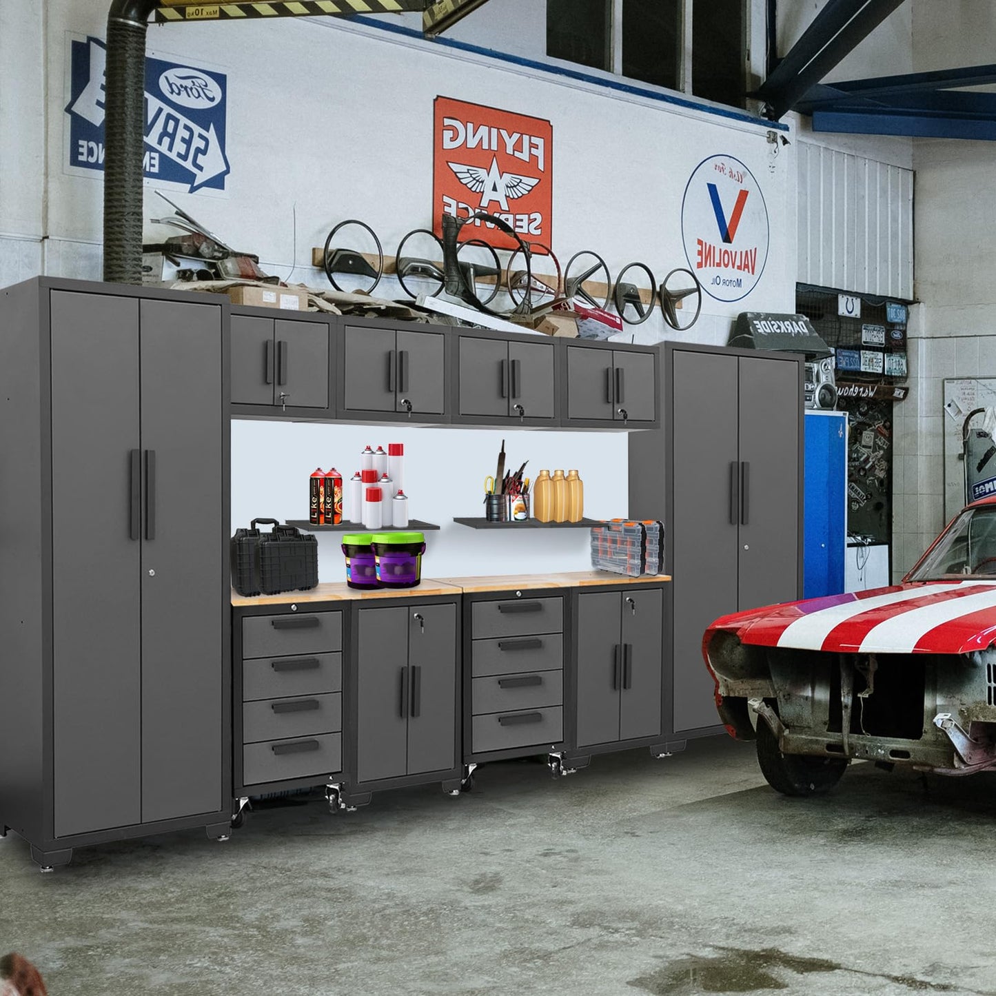 TCE Heavy Duty 12 Piece Garage Storage System: Metal Organization Workbench and 4-Drawers Rolling Cabinet, Black/Grey