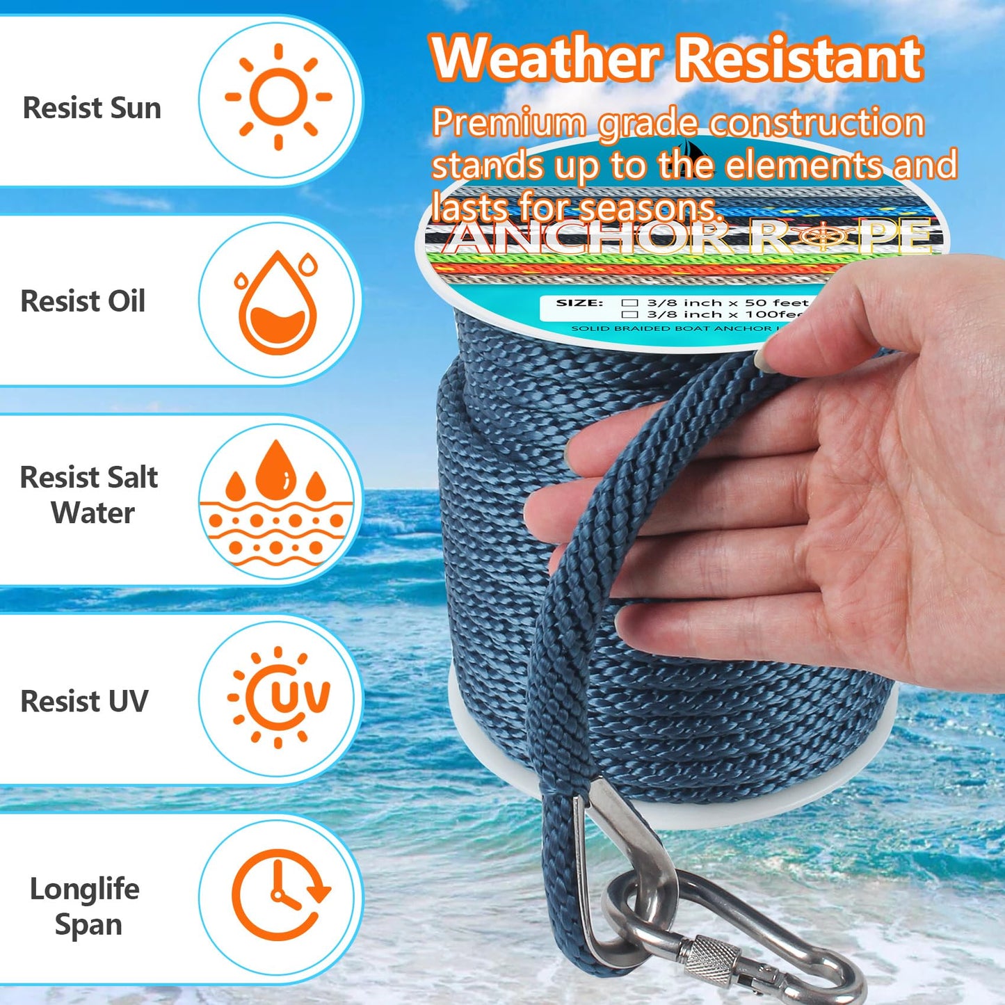 3/8 Inch 50 FT Anchor Rope, Boat Anchor Rope Solid Braid MFP, Anchor Line with 316 Stainless Steel Thimble and Snap Hook - Navy Blue