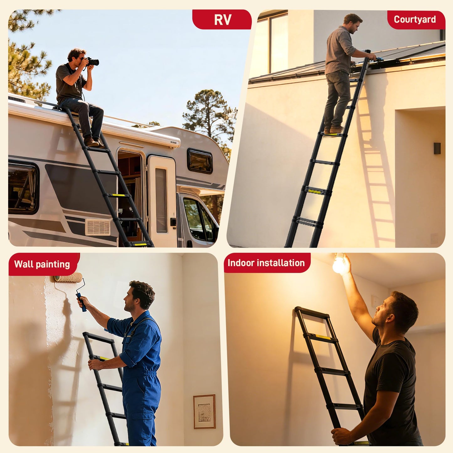 SEEKNEW 16.5 FT Telescoping Ladder, Aluminum Extension Ladder, 330 lbs Capacity with Triangular Stabilizers, Portable Collapsible Ladder for Roof, Home and RV; Black