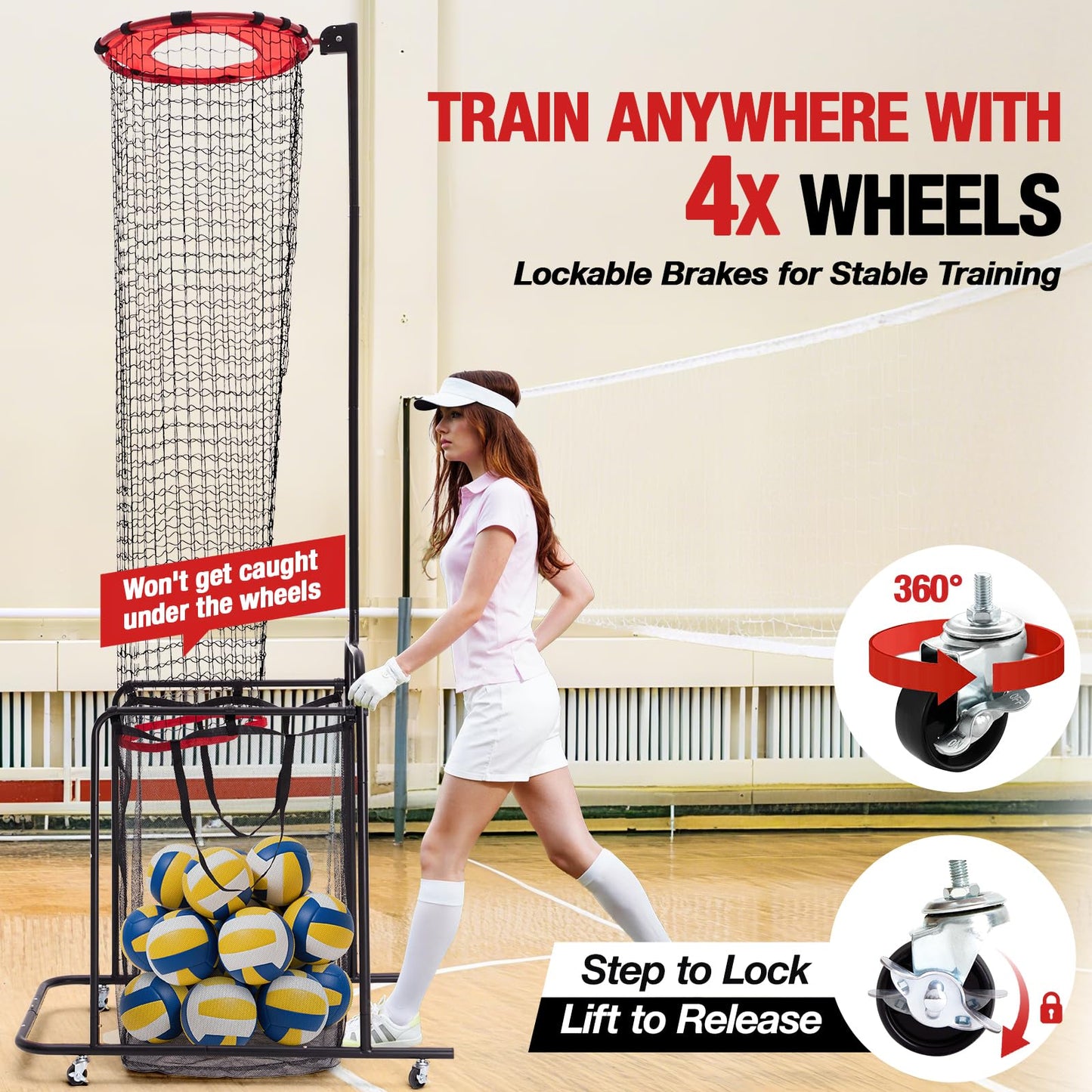 ZEALFEEL Volleyball Setter Training Net 6 Height & 5 Angle Adjustments, Volleyball Setter Training Equipment with Target Cloth Collection Bag 4 Wheels & Sandbag, Setting Trainer for Indoor Outdoor