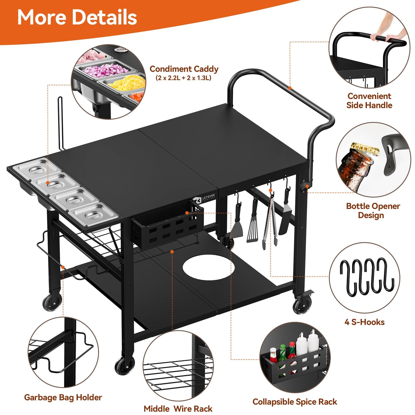 Leteuke Pizza Oven Table, Grill Cart Table for Blackstone Griddle, Outdoor Pizza Oven Stand Fits Ninja, Cuisinart, Gozney, Solo Stove, BBQ Prep Tables Station with Seasoning Tray, 47"x27.5"x30"