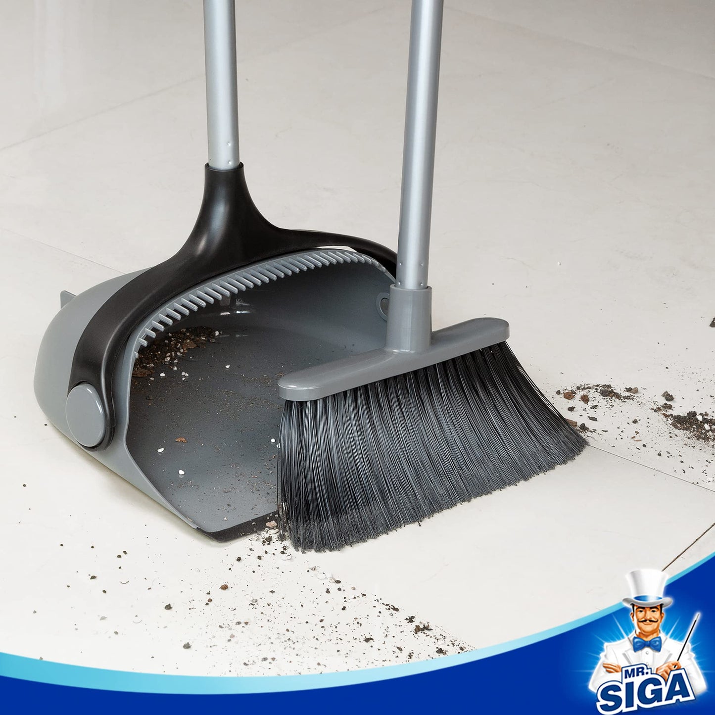 MR.SIGA Broom and Dustpan Set with Adjustable Long Handle, Upright Combo for Floor, Cleaning Lobby, Gray