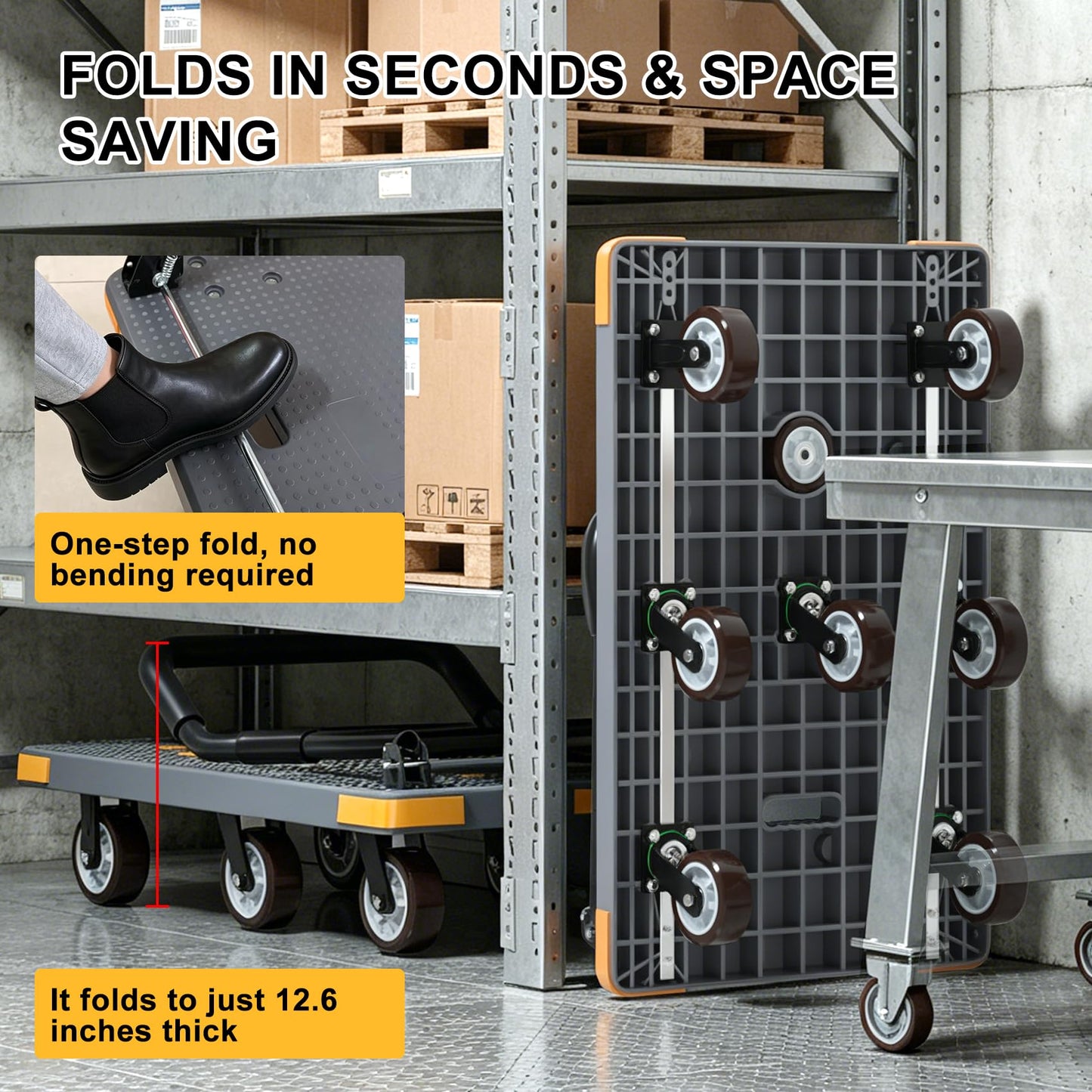 WUD Push Cart, Folding Mobile Platform Trolley,Thickened and Reinforced, 360° Swivel Wheels,47.2 “L x 27.5 ”W, 1764 lb,Gray