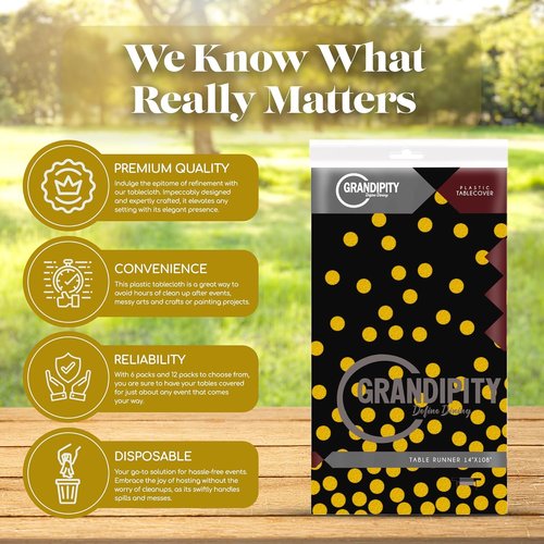 Grandipity Premium Disposable Plastic Tablecloth - Gold Dot on Black | 54" x 108" Rectangle Cover
