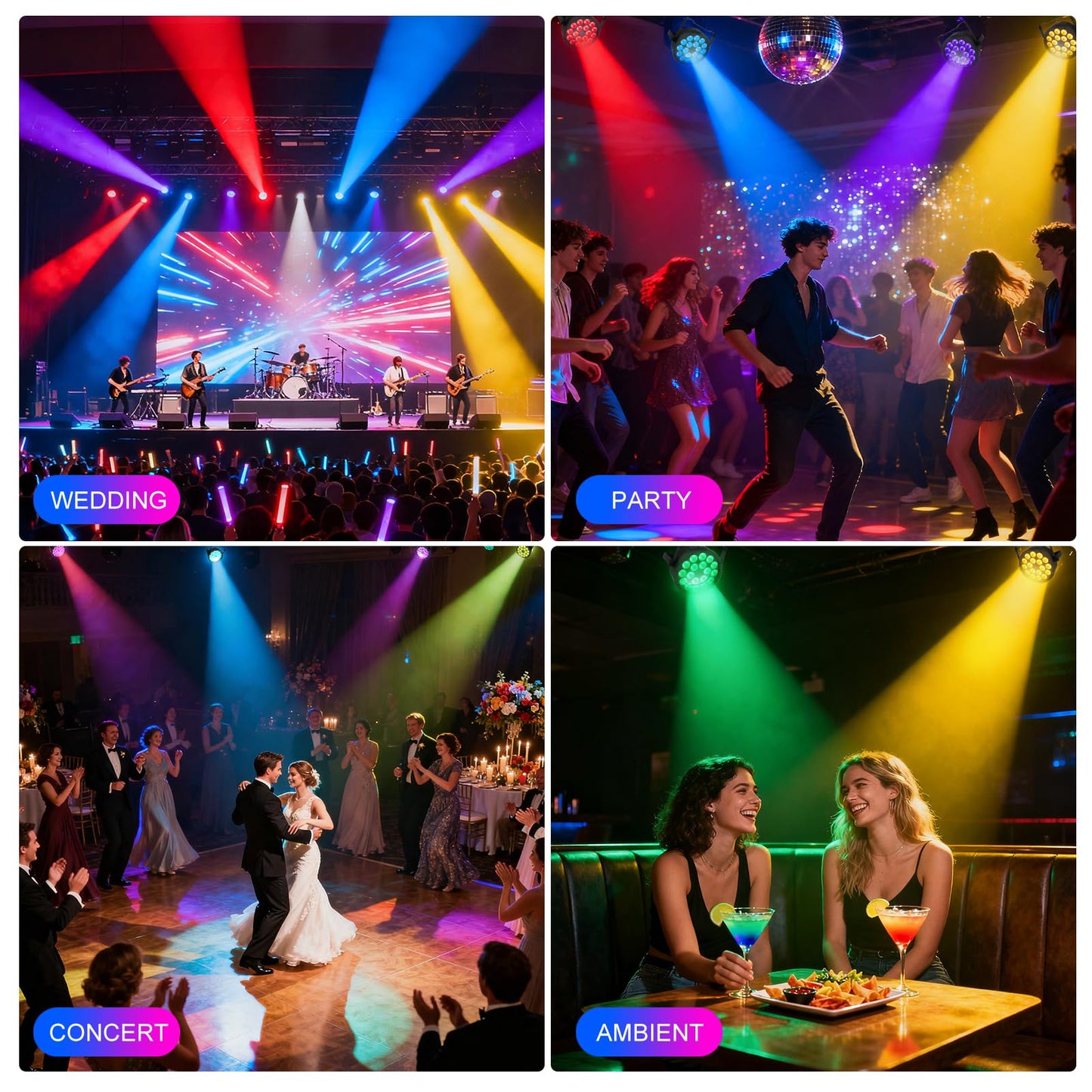 4 Pack 180W LED Stage Par Lights, RGBW 4-in-1 Par Can Light with DMX512 Sound Activated Controlled Stage Uplighting, DJ Lights for Parties Disco Shows Wedding Festival Events Church