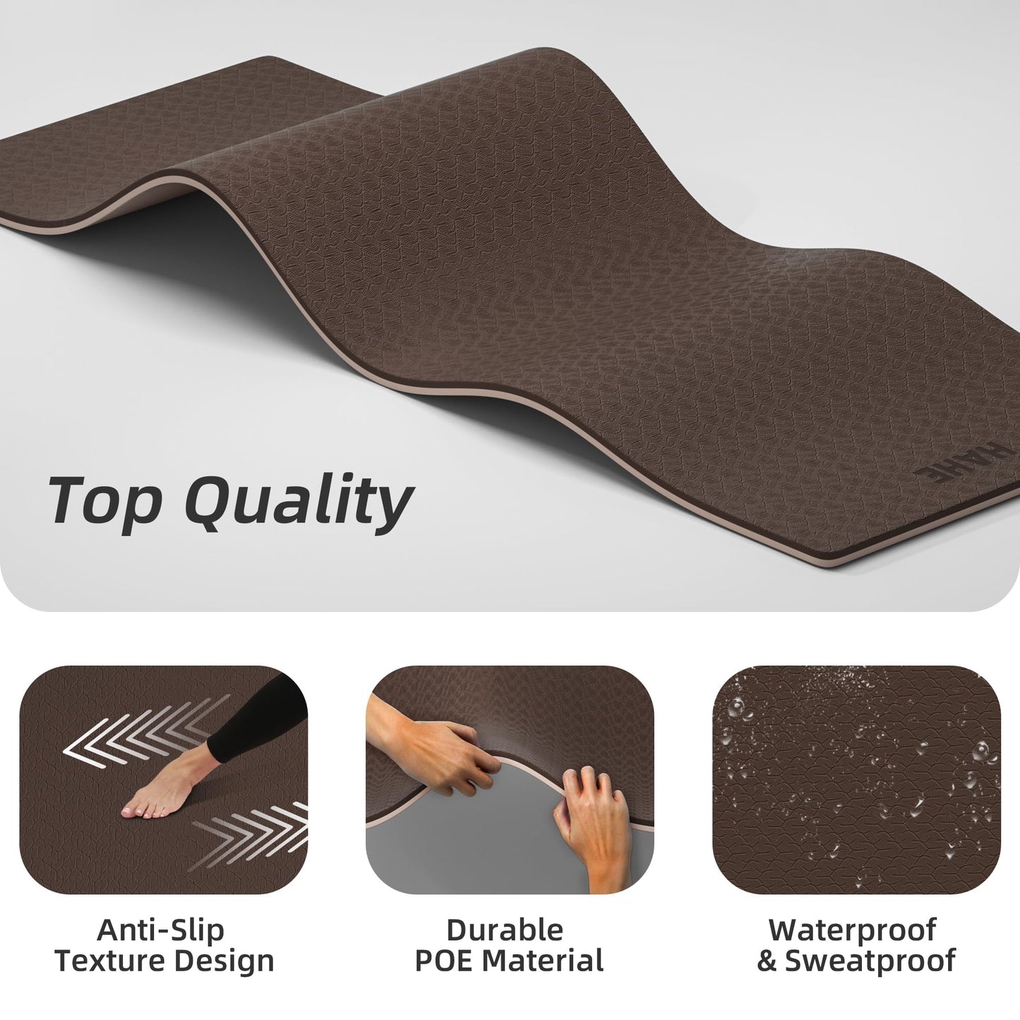 HAHE Extra Thick Yoga Mat, 72"Lx32"Wx0.4"Th (10mm), Wide Non-slip Exercise Mats with Carry Strap, Double-Sided POE Fitness Mat for Yoga, Pilates & Floor Workouts (Dark Brown+Beige)