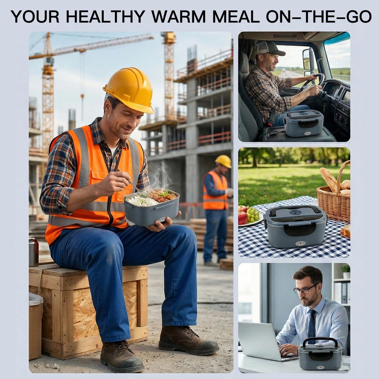 MEGAWISE Electric Lunch Box 1.5L with 304 Stainless Steel Container, 3-in-1 Food Heating Lunch Box for Adults, Food Warmer for Car, Truck, Office, Includes Utensils & Carry Bag (Charcoal Gray)