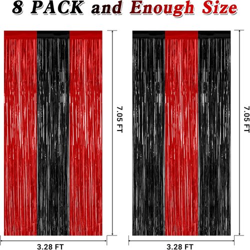 8 Pack Halloween Party Supplies - Red & Black Foil Streamer Tinsel Backdrop | 3.28 FT x 7.05 FT