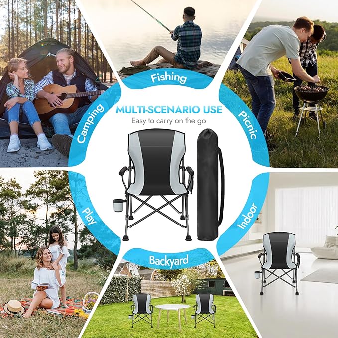 2 Pack Oversized Folding Camping Chair for Adults, Supports 450 LBS Camping Chairs, Heavy Duty Camping Chair with Side Pockets, Foldable Outdoor Chair for Camping, Beach, Fishing, Hiking, Black-Gray