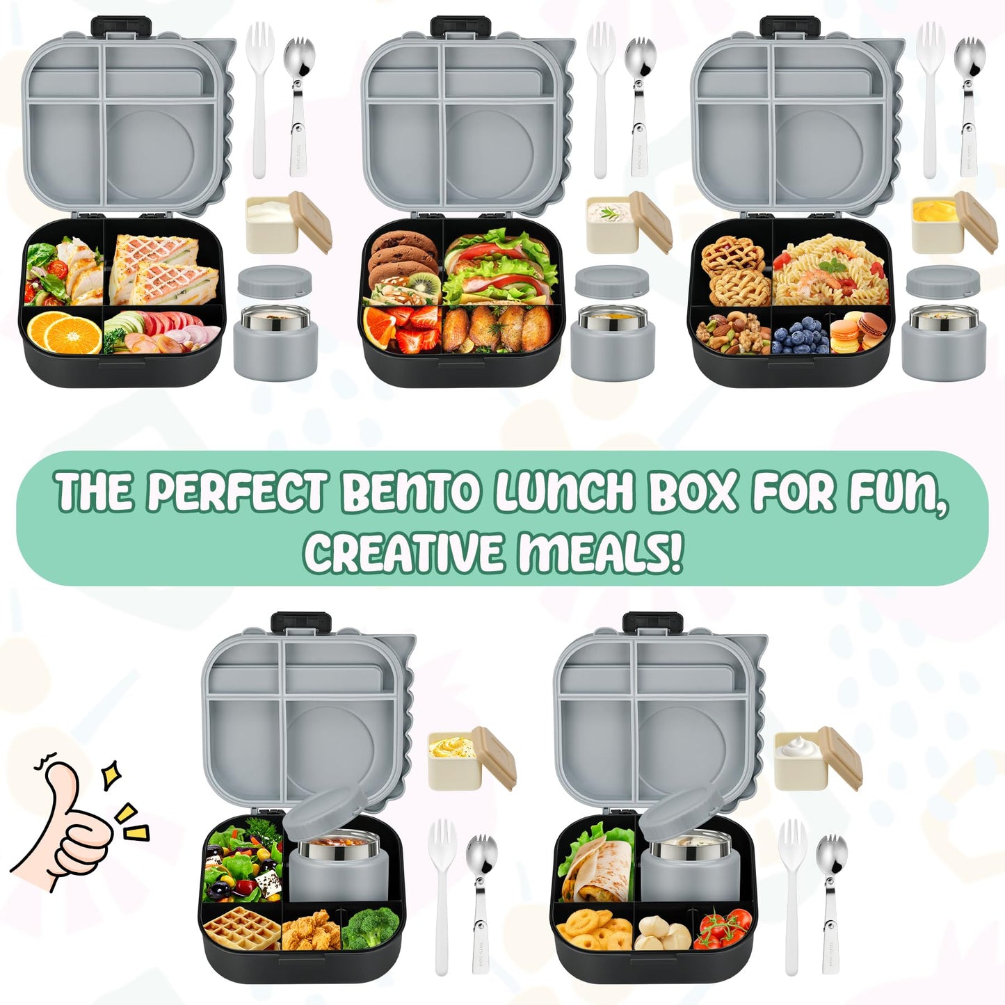 Lunch Box with 13oz Soup Thermo for Hot Food Kids Insulated Food Jar Container with Silicone Water Cup and Spoon & Fork Leak Proof Bento Box Set with 5 Compartment Lunch Bag for School Travel