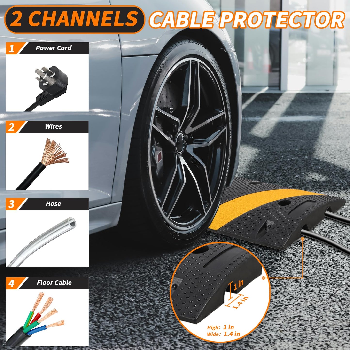 CuisinAid Speed Bump, 84'' Rubber Speed Bumps, 2 Channel Modular Speed Hump, Cable Ramps Hose Protector Ramps with 2 End Caps and 6 Bolt Spikes for Asphalt Concrete Gravel Driveway Road