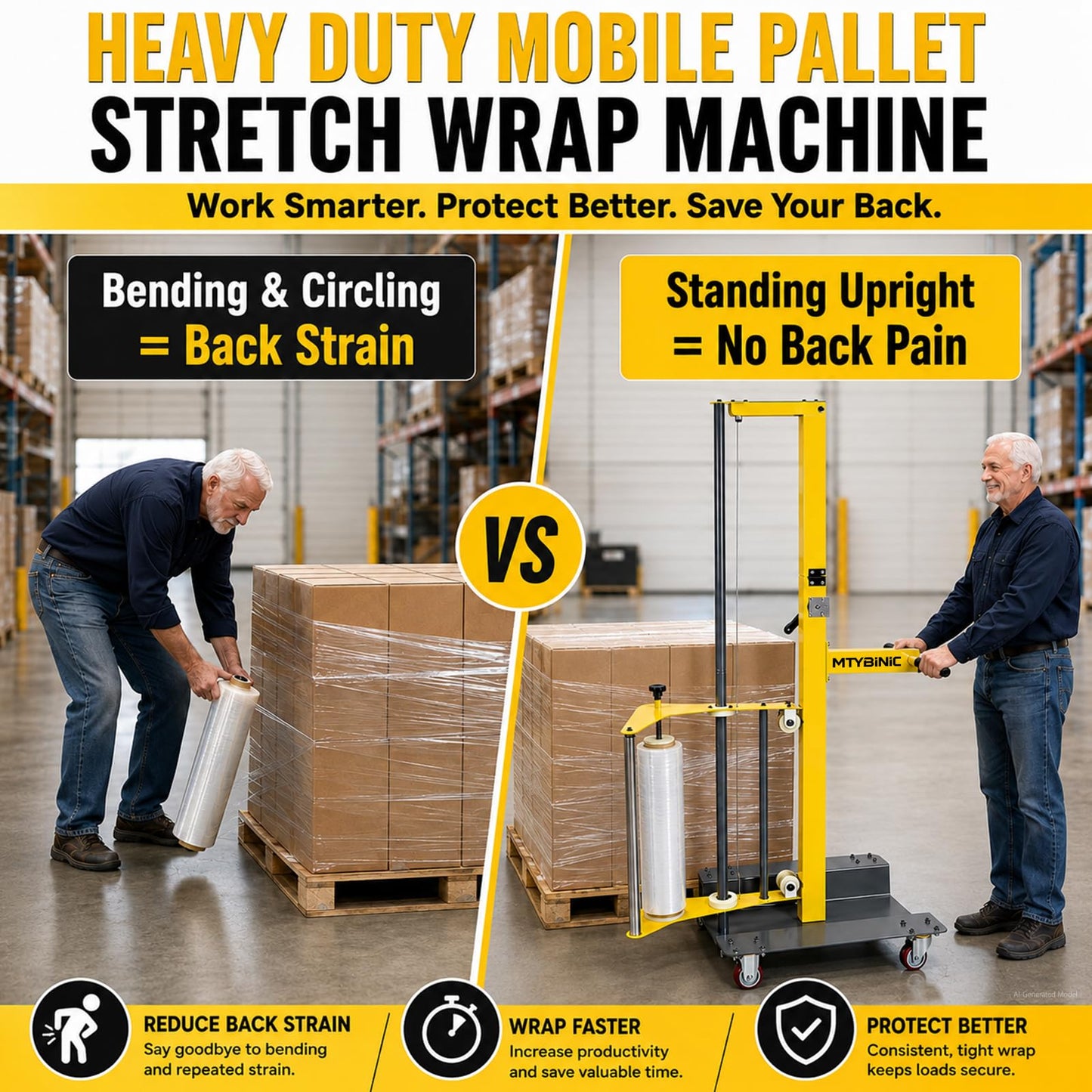 Heavy Duty Mobile Pallet Stretch Wrap Machine - Semi-Automatic Hand Push Trolley Wrapper with Adjustable Height (Up to 82"), Ergonomic Film Dispenser for Warehouse, Factory & Shipping Logistics