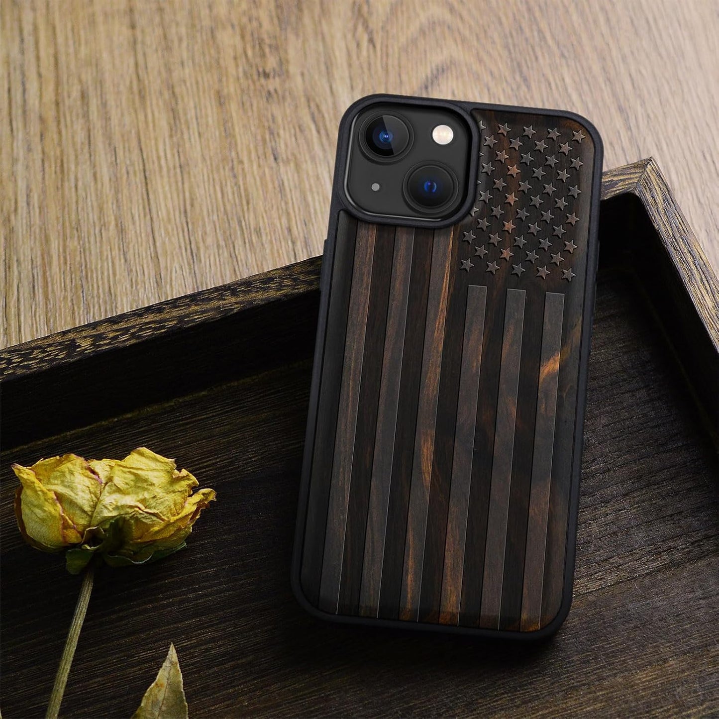 Carveit 15 Magnetic Wooden Case for iPhone Case, Compatible with MagSafe Wireless Chargers, Black Soft TPU Shockproof