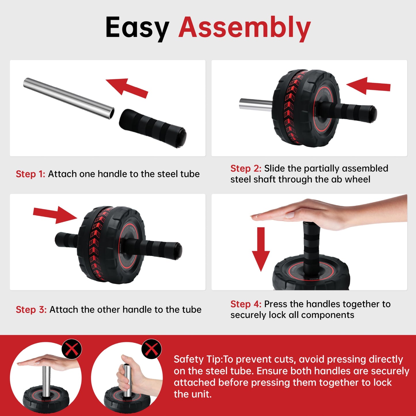 SaintCos Ab Roller Wheel for Abs Workout - Core Strength Training Equipment for Home Gym with Knee Pad, Abdominal Exercise Wheel for Men and Women (Red)