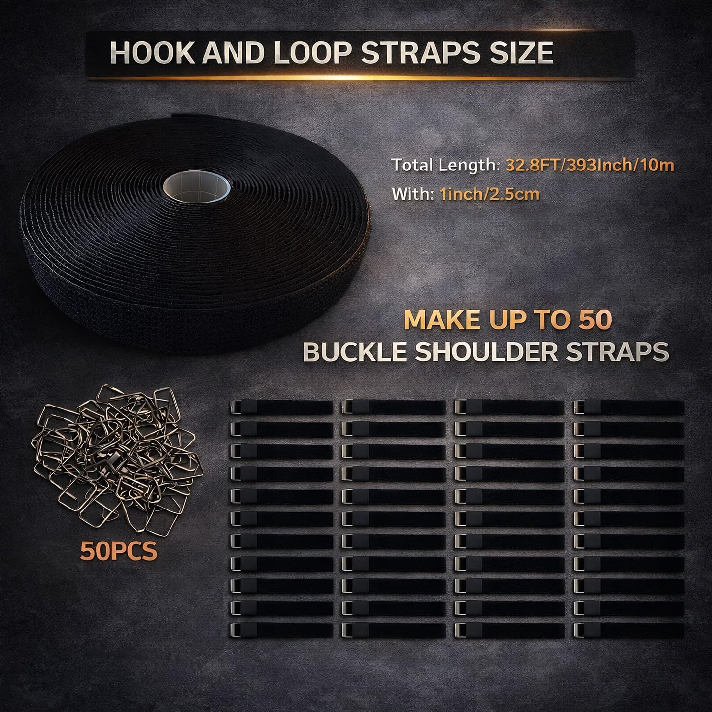 1" x 32ft Heavy Duty Hook and Loop Straps with 50 Metal Buckles, Adjustable Reusable Cinch Straps, Nylon Cut-to-Length Long Cable Straps and Cord Ties Roll for Storage and Cord Organizer, Black
