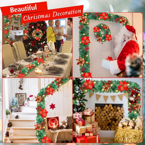 9Ft Pre-lit Christmas Garland with LED Lights Battery Operated, Holiday Decoration Stairs Wall Mantle Door Indoor Outdoor, Decorated with Red Flower, Balls, Berries, Snowy Pine, Christmas Collection